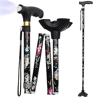 Walking Cane with LED Light, Folding Cane for Women and Men, Portable Foldable Cane, Collapsible Aluminium Cane, Lightweight and Adjustable Walking Sticks for Seniors Balance