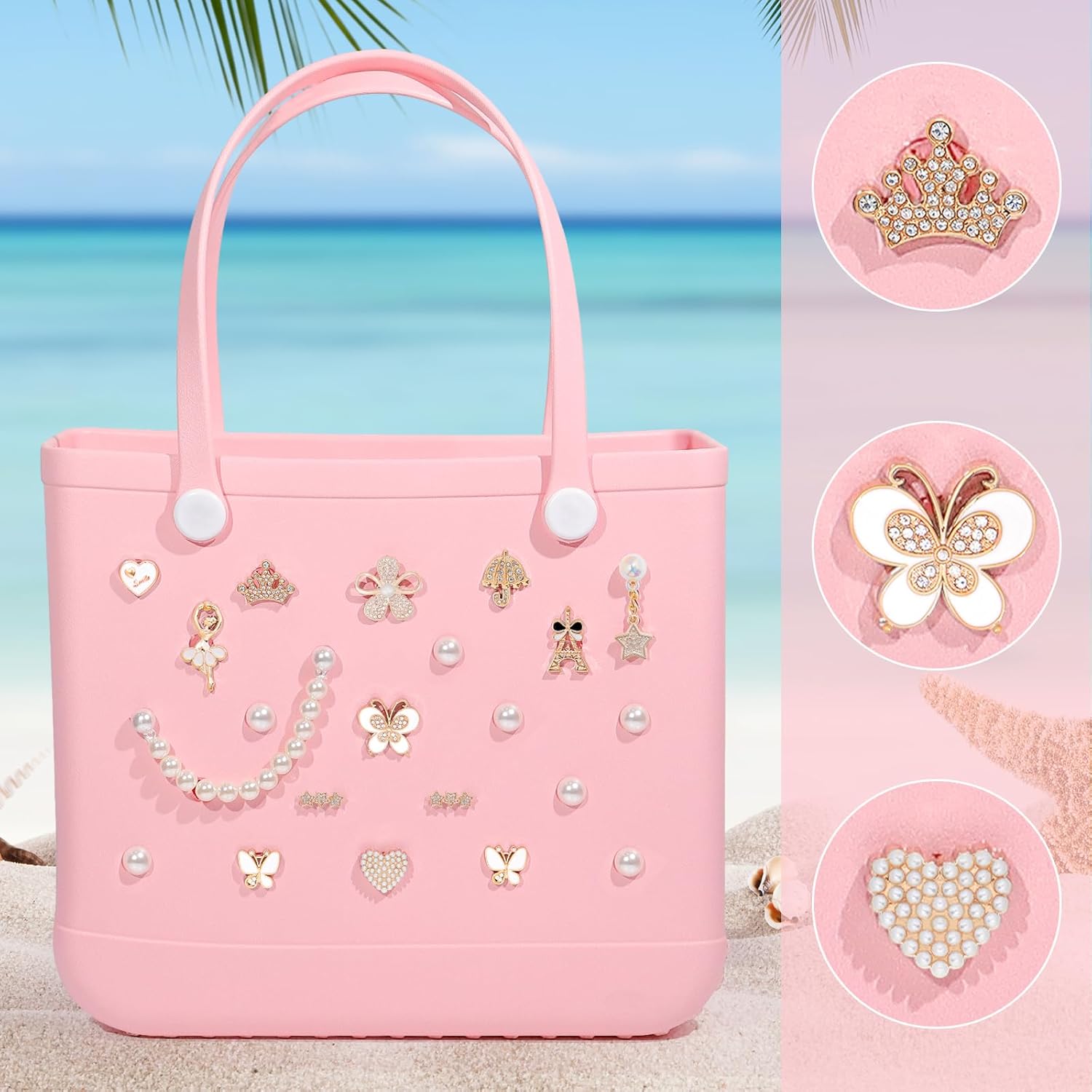 Charms for Bogg Bag, Pearls Butterfly Flowers & Chain Cute Decorative Pearl Charms Accessory Compatible with Rubber Simply Southern Beach Bag, Insert for Beach Tote Birthday(21 Pcs) - Image 2