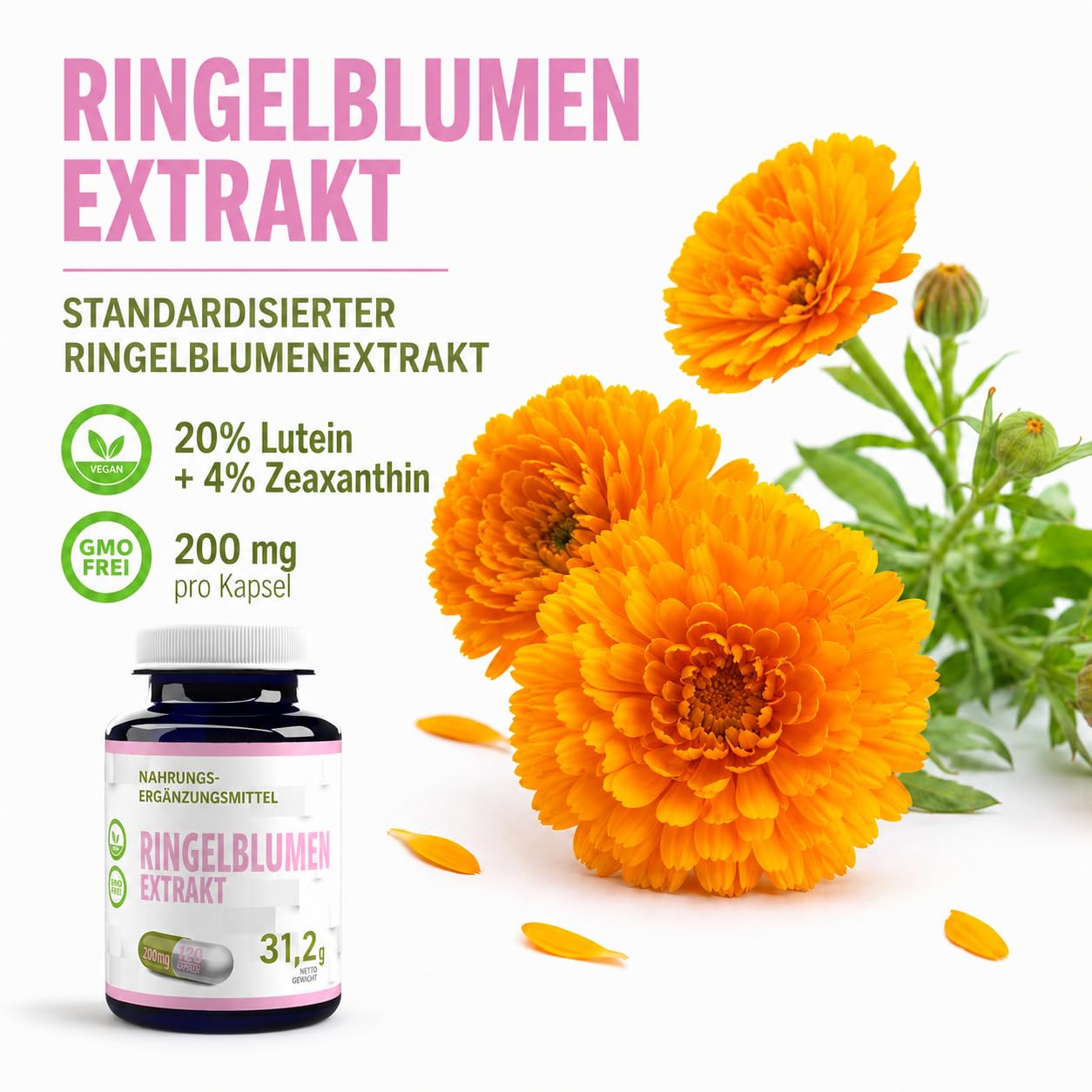Hepatica Lutein 40 mg & Zeaxanthin 8 mg | aus Ringelblumen-Extrakt | für Augen, Makula & Sehkraft | 120 vegane Kapseln | GMP & Laborgeprüft