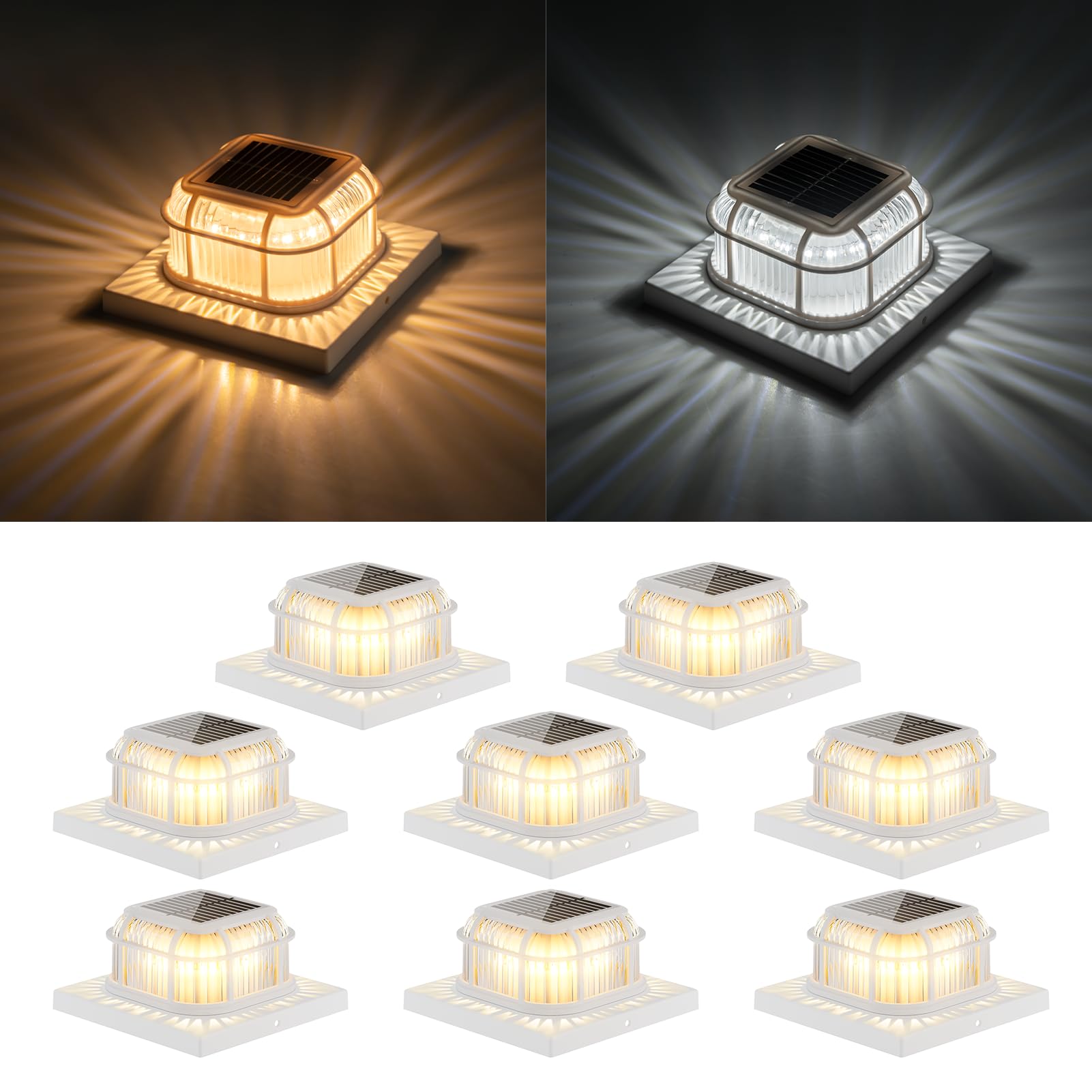 Solar Post Light 8 Packs with 4x4, 5x5 and 6x6 Inches Base for Vinyl/Wooden Posts, Bright 16 LEDs Solar Cap Lights with Two Light Modes for Decorating Deck, Patio, Porch, Fence (White)