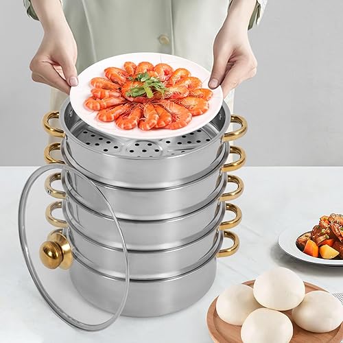 Miniatura 4 de Vaporizador de acero inoxidable de 5 niveles, olla de vapor para cocinar carne y verduras con tapa y asa, olla de vapor redonda con sartén apilable