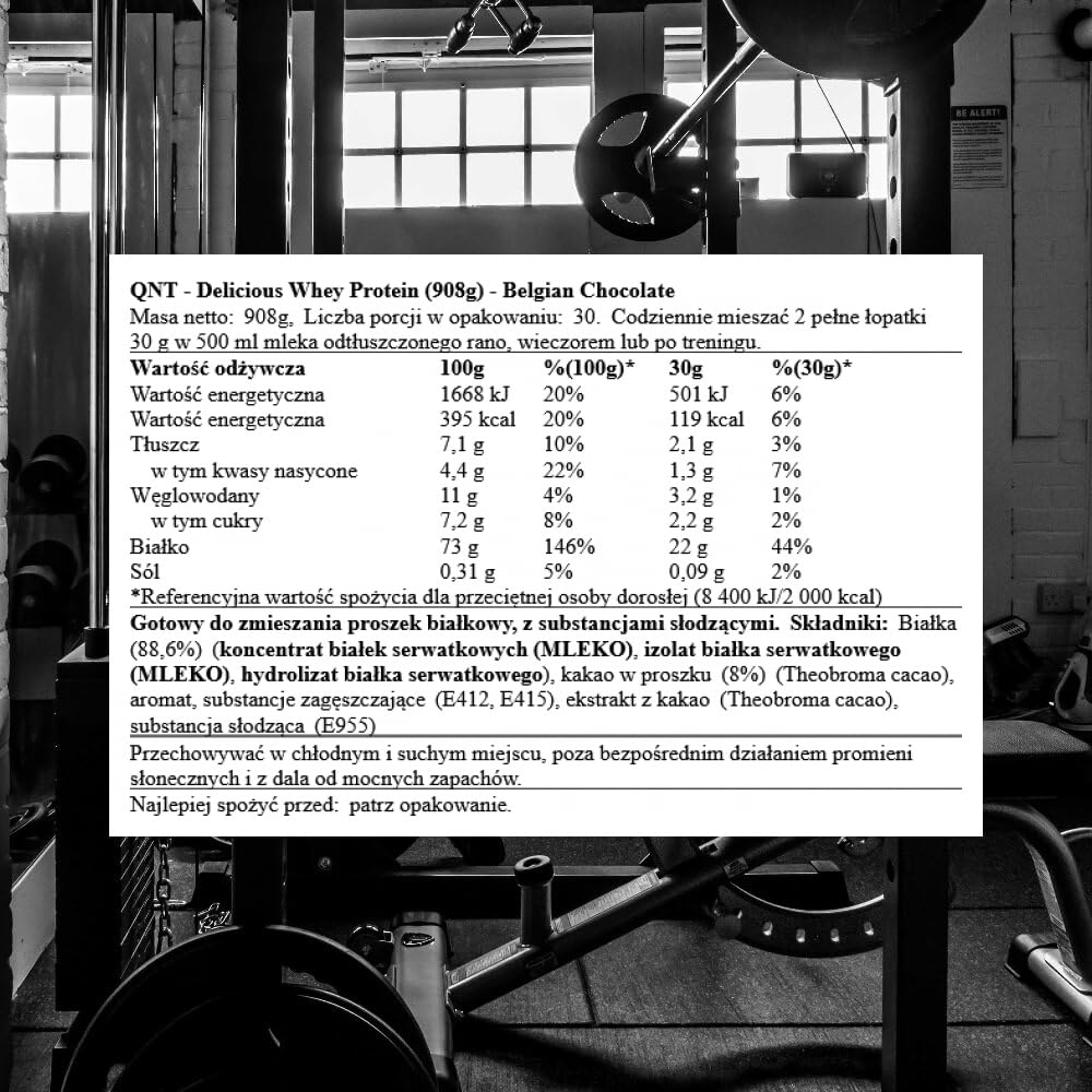 QNT Delicious Whey chocolat belge, Whey Protéine avec de l'isolat en poudre, développement & récupération musculaire, sans gluten, faible en glucide, graisse et lactose, 908g, 30 doses