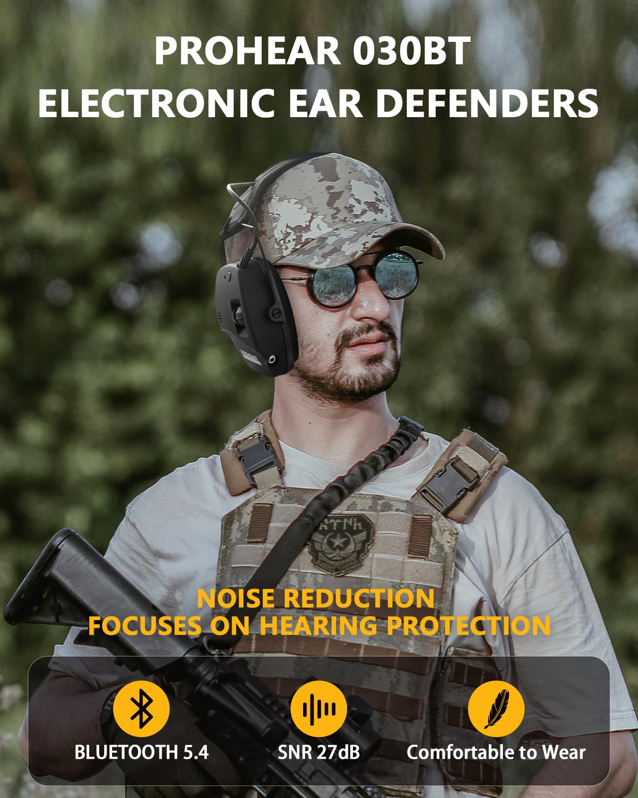 PROHEAR 030 Elektroniczne nauszniki do strzelania z Bluetooth, ochrona słuchu na strzelnicy, aktywne nauszniki, redukcja hałasu, wzmocnienie dźwięku do polowania, NRR22dB SNR 27dB