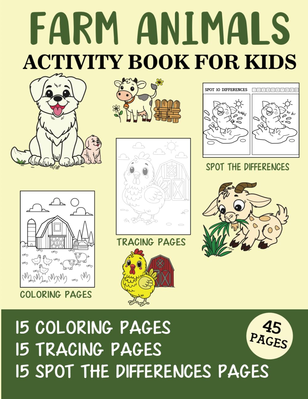 Farm Animals Activity Book for Kids: Coloring, Tracing and Spot the Difference Pages
