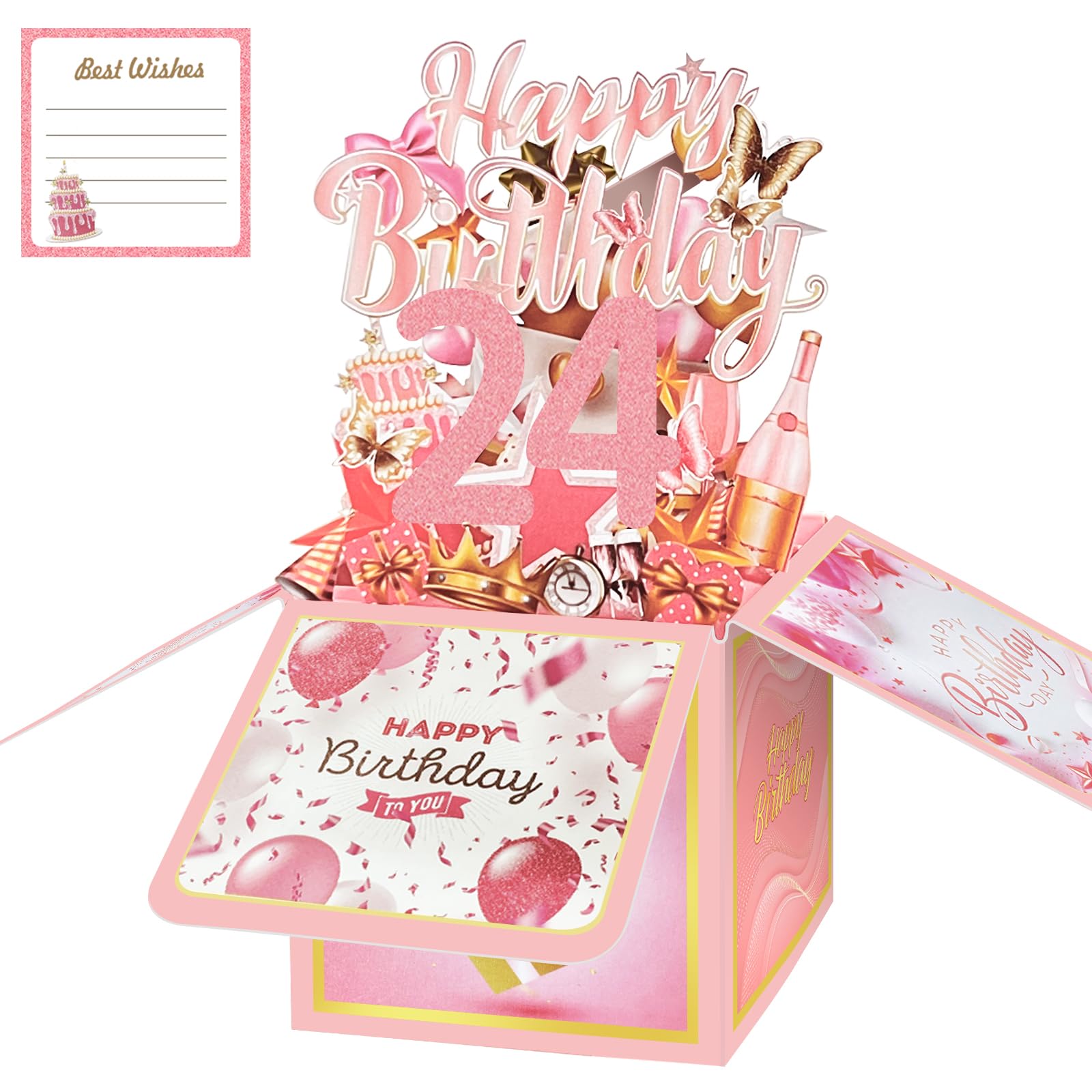 24th Birthday Card with Envelopes for Her, Birthday Decorations for Daughter, Bday Gift Box for 24 Year Old, Unique Handmade Foldable Celebration 3D Cards for Friend