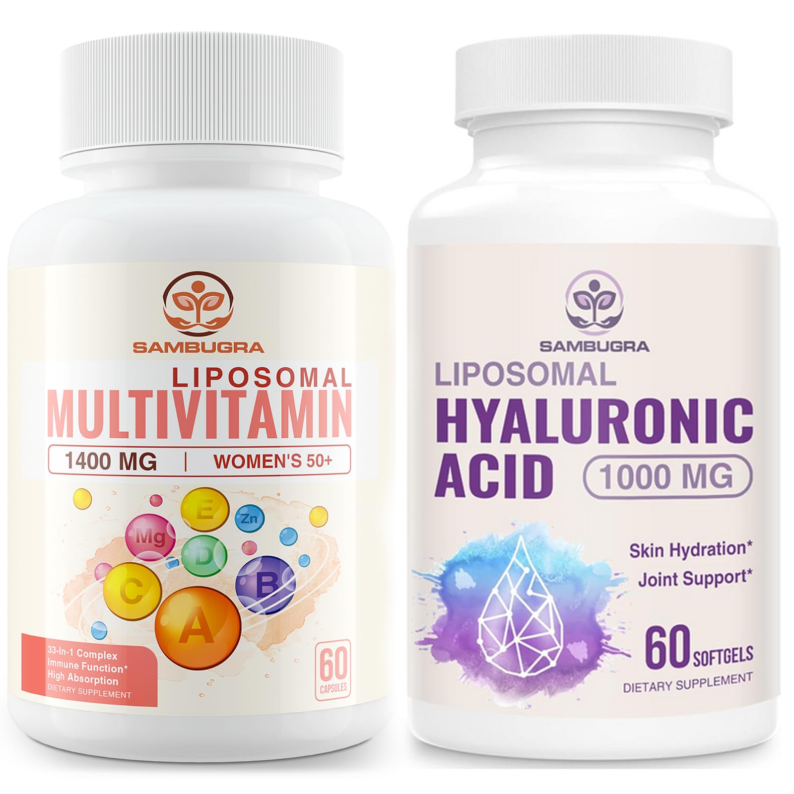 Liposomal 33-in-1 Multivitamin Supplement and Liposomal Hyaluronic Acid Supplements 1000mg, High Bioavailability Supplement,Comprehensive Support for Health(Pack of 2)