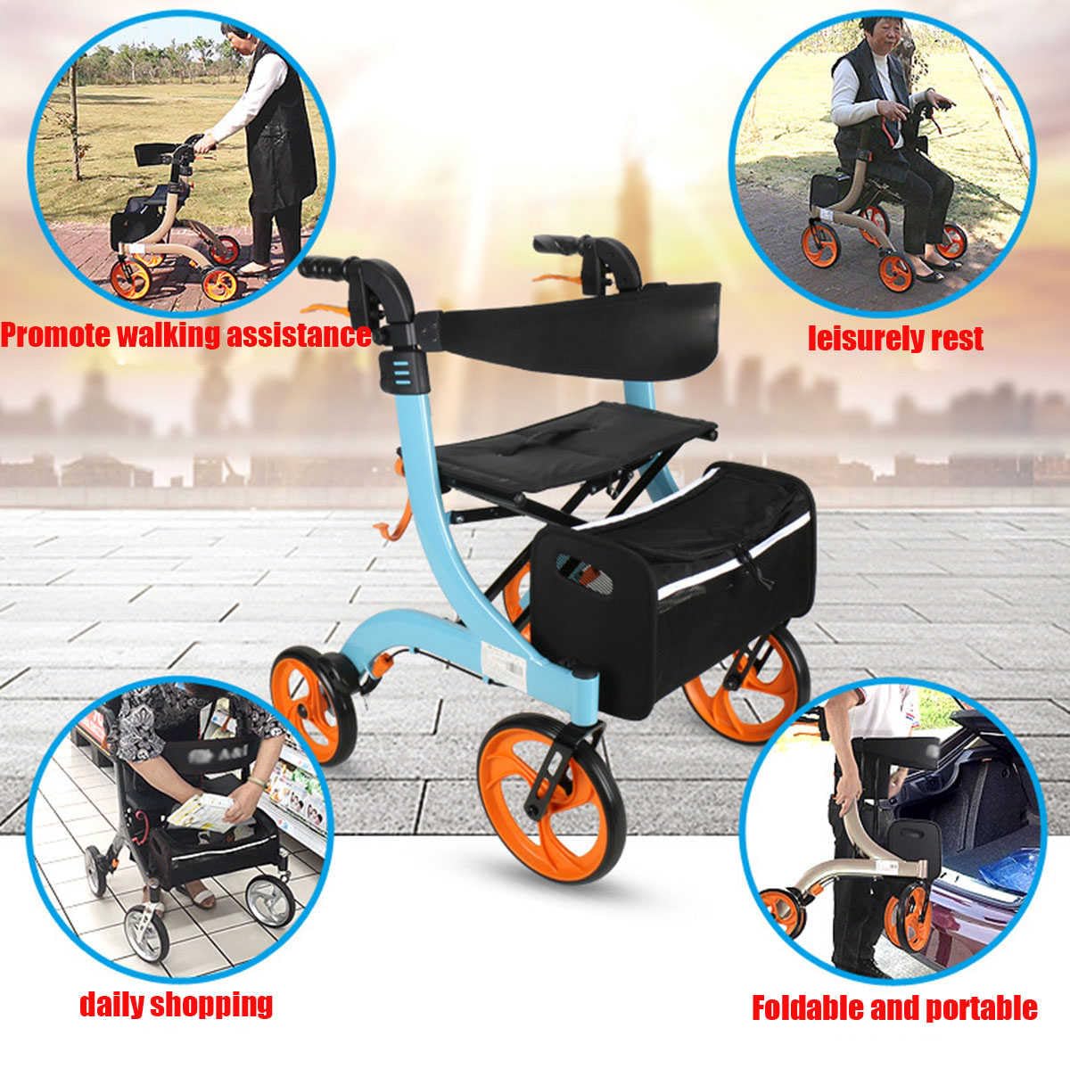Deambulatore pieghevole con doppio freno, altezza regolabile, sedile e borsa portaoggetti rimovibile per una maggiore mobilità e comfort a casa