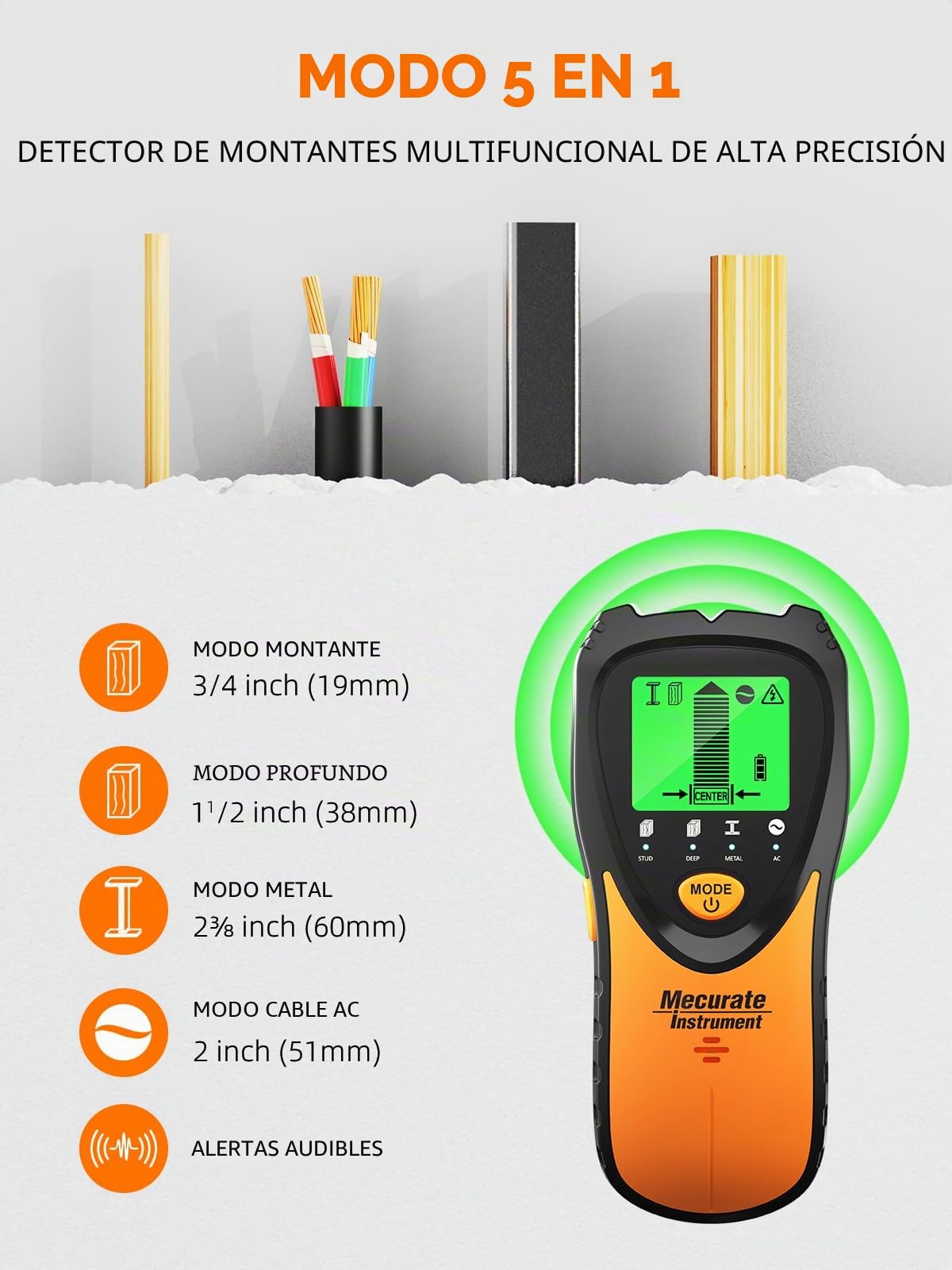 Mecurate Sensor de escáner de pared 5 en 1 con pantalla LCD y alarma de audio para madera, CA, alambre vivo, pernos de metal, detección de tuberías