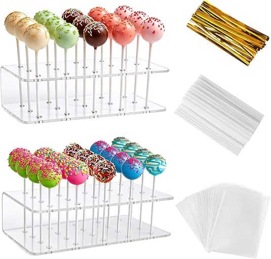 Ninsula Cake Pop Stand 2P, Acrylic Lollipop Stand with 50P Plastic Sticks, 50P Clear Wrappers and 50P Gold Twist Ties, 15 Holes and 20 Holes Clear Cake Pop Display for Party, Wedding, Birthday