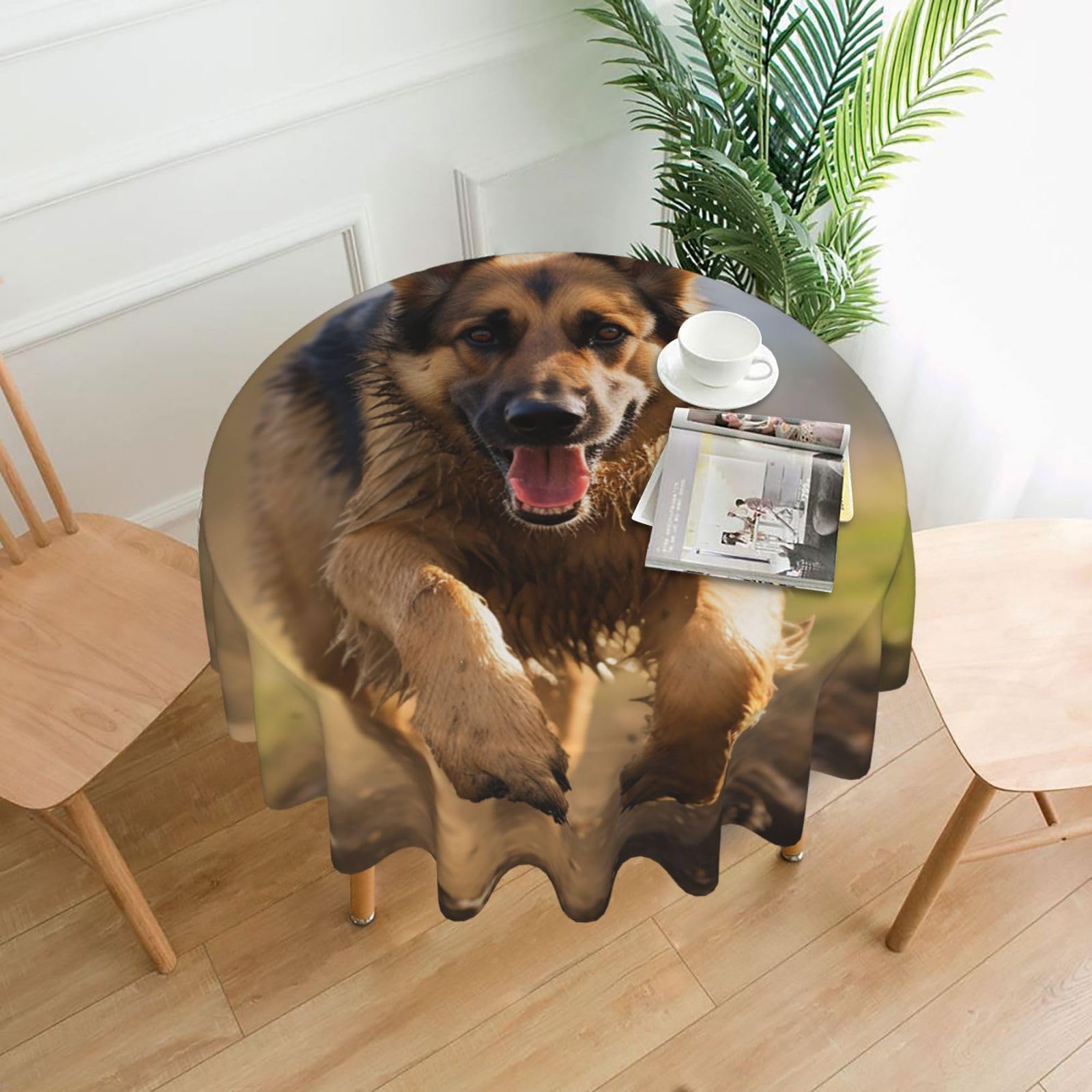 Fodpand Black Running German Shepherd Dog Tablecloths For Round Tables 60 Inches - Reusable And Washable Kitchen Table Clothes Decorative Table Cover For Dining Tables, Buffet Parties, Wrinkle Resistant