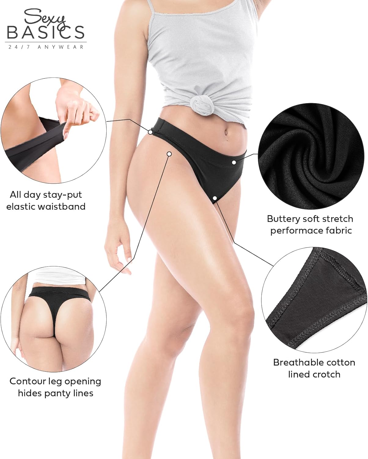 Sexy Basics Women's Sport Thong | 6 & 12 Pack | Hi Waisted Ultra Soft Seamless Any Wear Bikini Underwear - Image 3
