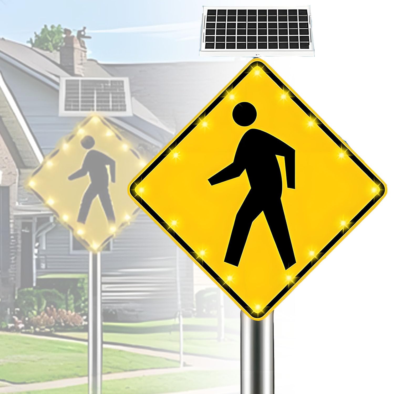 ROEFETY Flashing LED Pedestrian Crossing Sign,16 Flashing LED Highlight Road Traffic Blinking Street Warning Sign,Aluminum IP65,Weatherproof Crosswalk Signs for Park School Urban 24inches