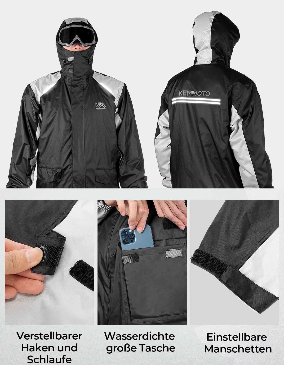 KEMIMOTO Motorrad Regenanzug Herren, 15000MMH₂O Wasserdichter Winddicht Regenmantel, Reflektierender Atmungsaktiv Fahrrad Regenbekleidung, Teilig Regenjacke für Roller Angeln Boot