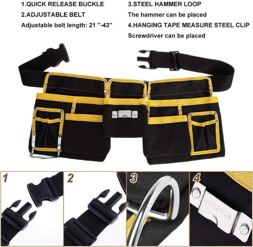 11-Pocket Adjustable Tool Bag - Heavy Duty Yellow and Black Tool Belt，Tool Waist Pouch with Three Layer Waterproof Fabric for Handyman，Oxford Waist Bag for Garden Work Organizer (Black&Yellow) - - 