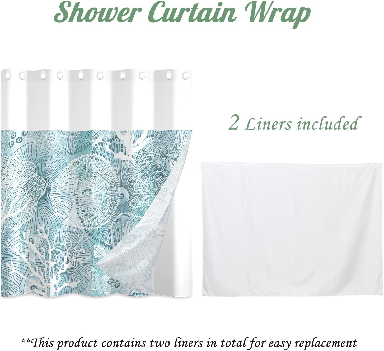 71x71 Inch Without Hook Ocean Shower Curtain and Liner Set Abstract Seaweed Hydrophyte Snap in Shower Curtains for Bathroom Coastal Modern Neutral Cloth Bathroom Set
