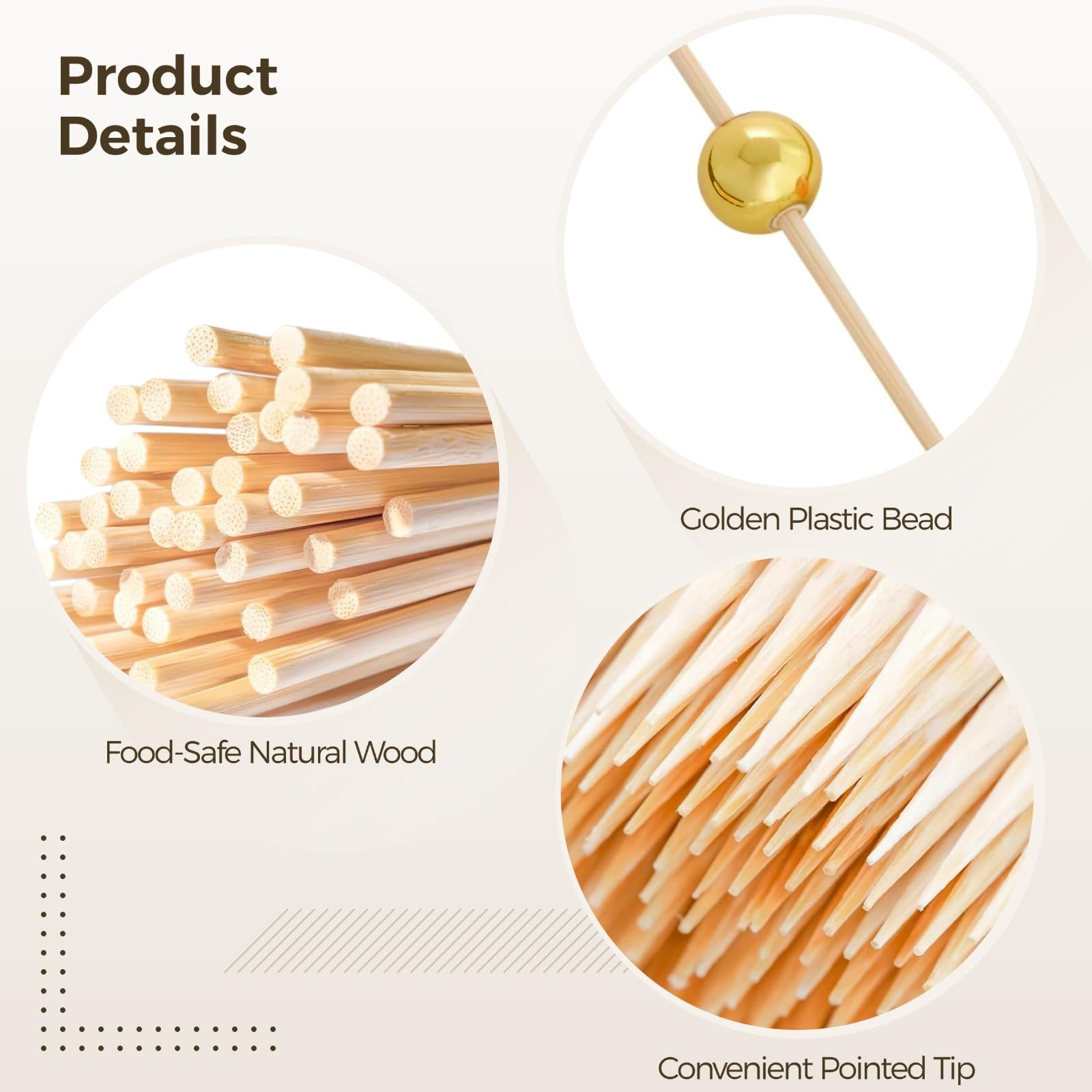 1000 palillos de cóctel de madera, palillos de dientes elegantes con cuentas doradas para aperitivos, palitos decorativos de frutas de postre, palitos de cóctel para bebidas, postres, embutidos