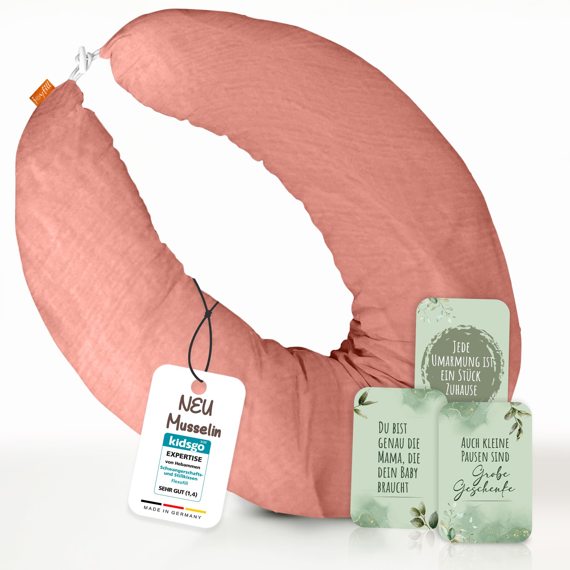 joyfill Stillkissen I Von Hebammen Getestet I XXL Schwangerschaftskissen & Seitenschläferkissen I Lagerungskissen Baby & Schlafkissen für Schwangere I Flüsterleise Füllung (Musselin Lachs, 170 cm)