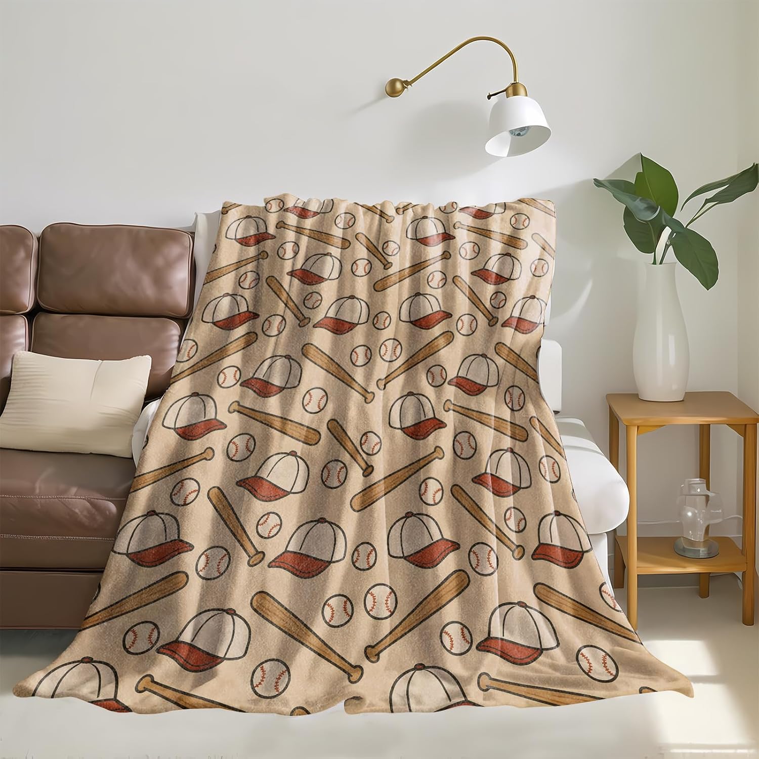 Baseball Throw Blanket, Gifts for Kids Girls, Baseball Bat Cap and Ball Flannel Blankets for Travel Camping Sofa Living Room Decor, Fuzzy Warm Soft for Women Men Adults 50x60 in