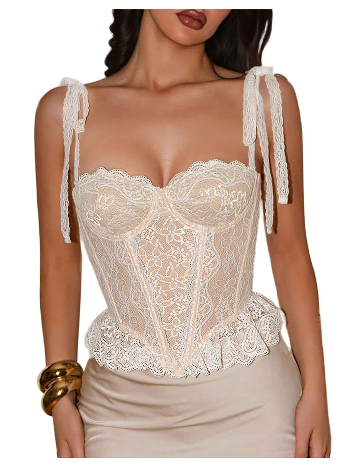WDIRARA Women's Floral Lace Corset Tops Tie Straps Lace Up Back Bustier Camisole Top
