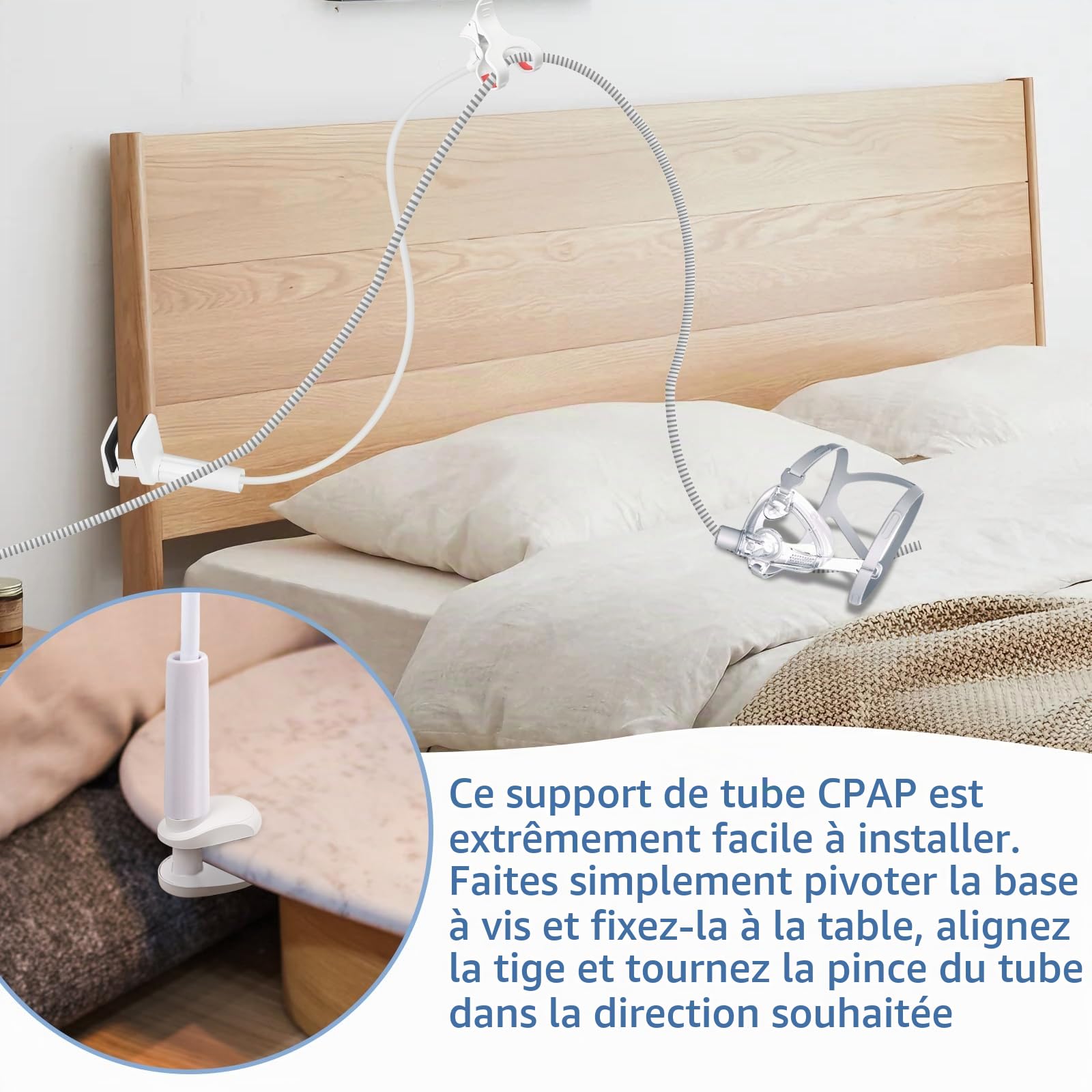 CPAP Support de tuyau, rotation à 360°, levier de tuyau CPAP et support de tuyau, crochet de suspension pour prévenir les fuites et l'enchevêtrement, appareil d'apnée du sommeil CPAP (blanc)
