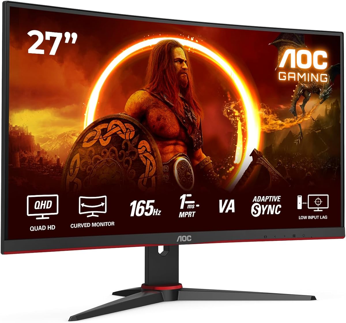 AOC Écran gaming incurvé CQ27G2U 68 cm (27 pouces) (QHD, HDMI, DisplayPort, FreeSync, temps de réponse de 1 ms, 144 Hz, 2560x1440) noir/rouge