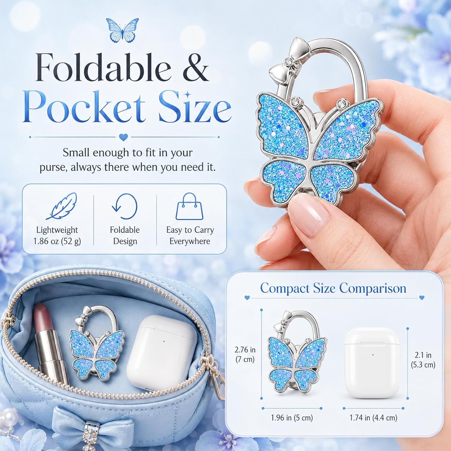 Purse Hook for Table, Foldable Handbag Hanger for Women, Portable Bag Holder with Non-Slip Base, Cute Star Light Blue Butterfly Purse Table Hook for Restaurant Office Travel Gift image 2