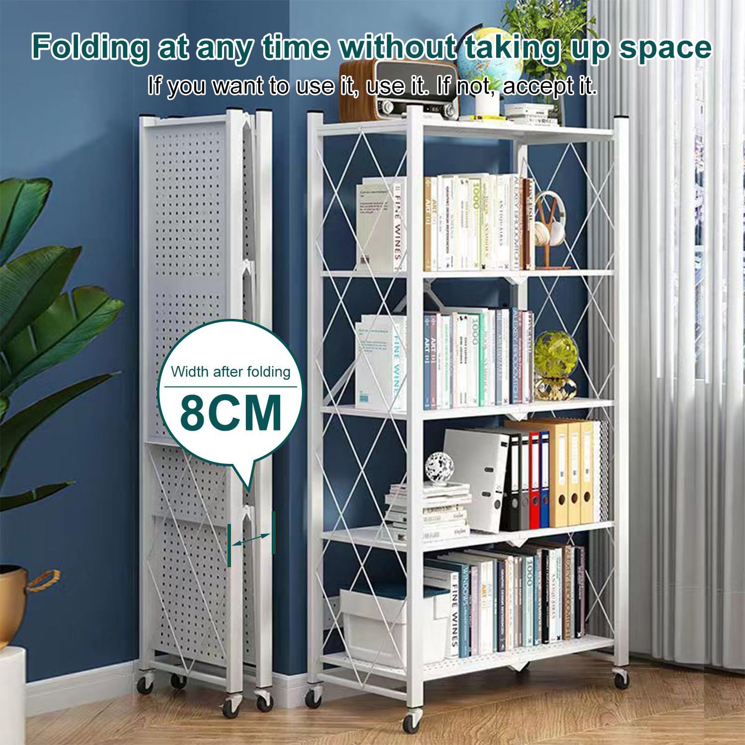 Lot de 2 étagères de rangement pliables à 5 étages en métal avec roulettes - 100 kg - Pour cuisine, salle de bain, salon - Blanc