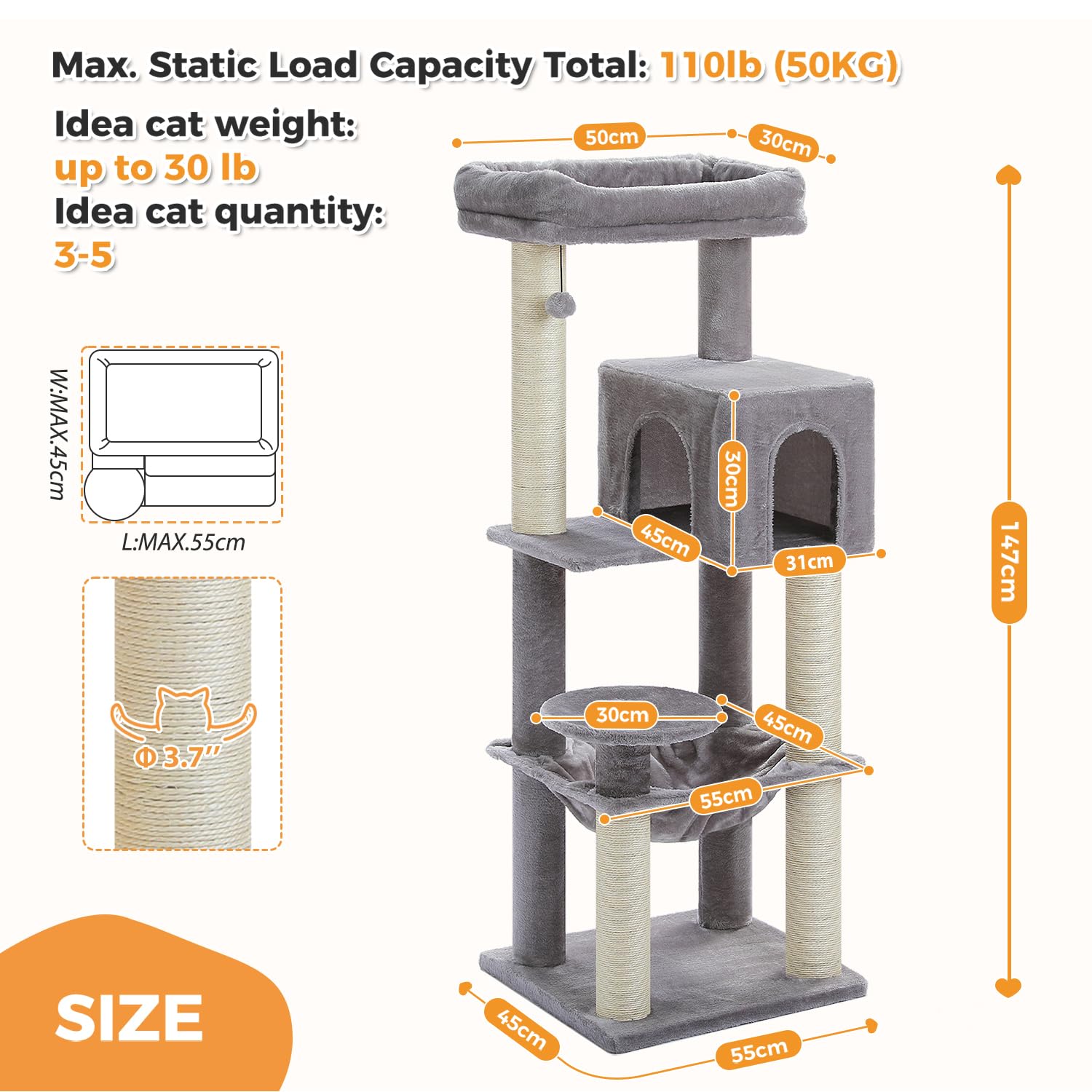 PAWZ Road Albero per gatti grande da 147 cm, con tiragraffi ispessiti (φ3,7 pollici) per gatti adulti di grandi dimensioni, 13,6 kg, centro attività multi-livello con struttura in metallo, amaca e
