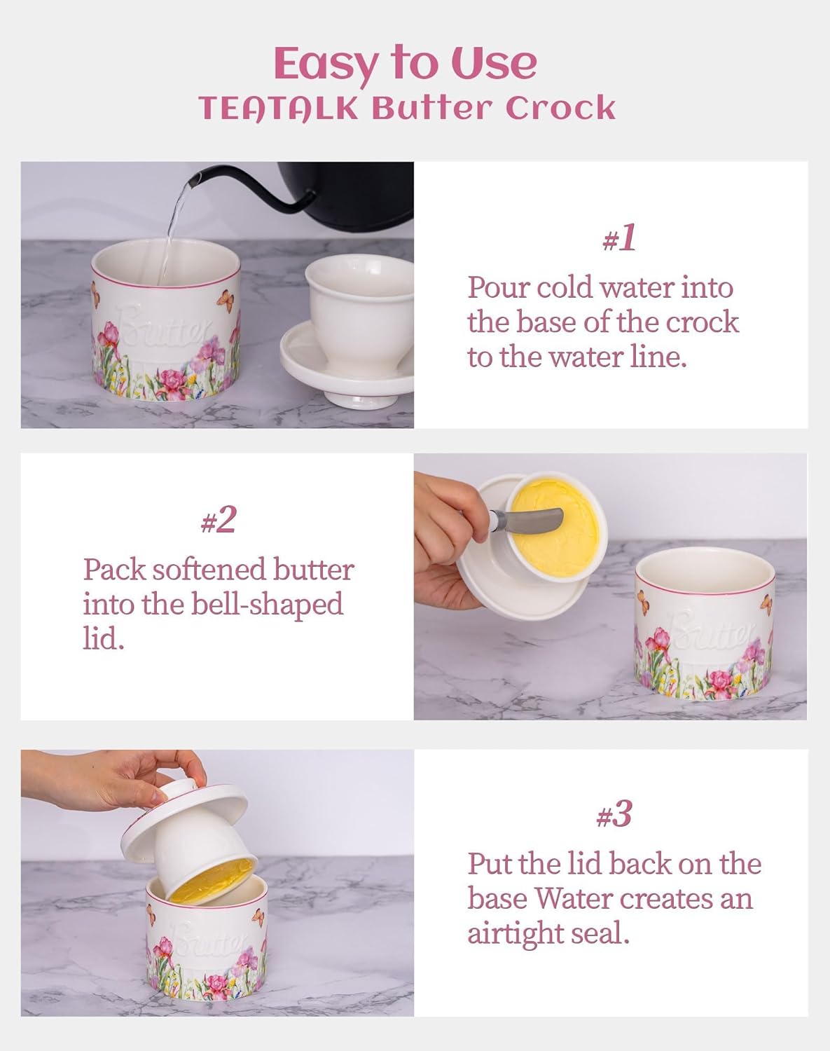 TEATALK French Butter Keeper - Vintage Boho Ceramic Butter Crock for Counter, Colorful Floral Porcelain Butter Dish with Lid, Stay Soft Spreadable Butter Container, 6.7 oz Aesthetic Kitchen Decor thumbnail