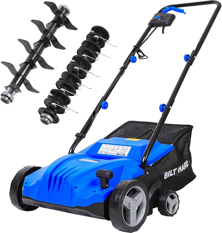 BILT HARD Escarificador de escarificador eléctrico, motor de cobre de 12 amperios, ancho de rastrillo de 13 pulgadas, bolsa de paja de 8 galones, máquina de eliminación de paja 2 en 1 para césped