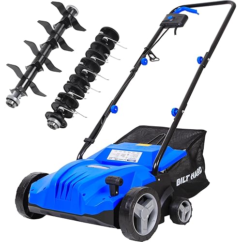 BILT HARD Dethatcher Scarifier Electric Powered, 12 Amp Copper Motor 13 inch Raking Width, 8 gal Thatch Bag, 2 in 1 Walk Behind Thatch Removing Machine for Lawn