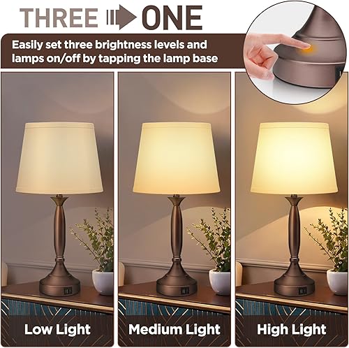 Miniatura 3 de Juego de 2 lámparas de noche de mesa táctil lámparas de mesita de noche de madera con puertos USB tipo C lámpara de escritorio tradicional para sala