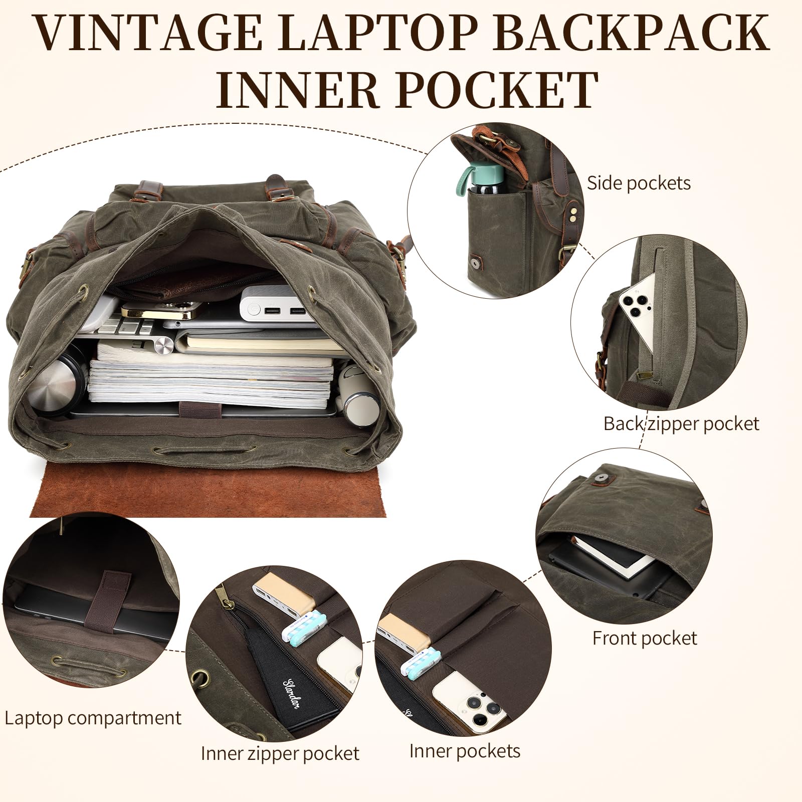 Wogarl Zaino vintage in pelle e tela, zaino a tracolla in tela cerata con articoli da toeletta per viaggi, campeggio, escursionismo, università d'affari, adatto per laptop da 17", verde, Verde