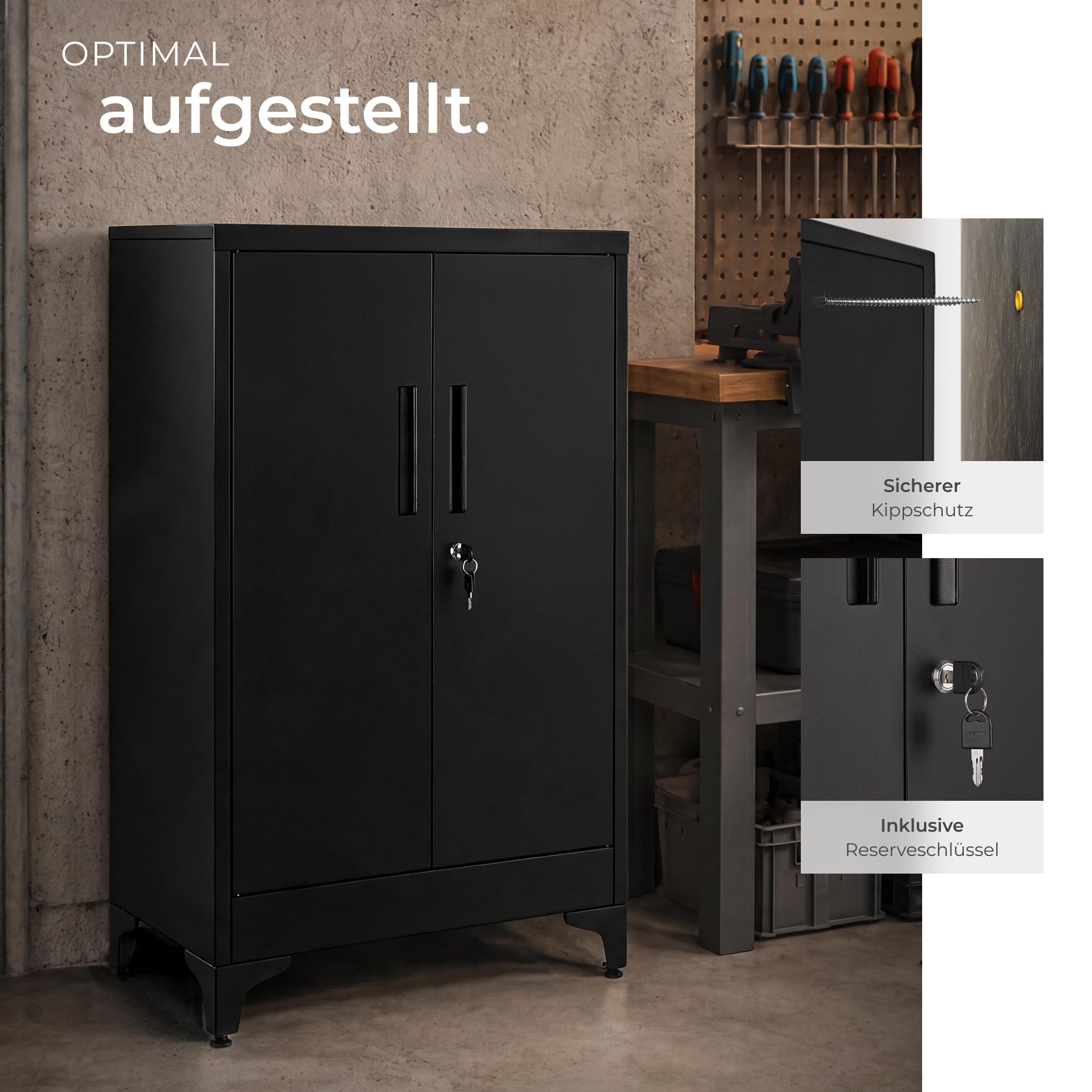 TecTake® Aktenschrank, 60 x 40 x 100 cm, 2 verstellbare Böden, abschließbar, Magnetverschluss, Kippschutz, Büroschrank, Aktenmöbel, Ordnerschrank, Büroorganisation, Arbeitsmobiliar - schwarz