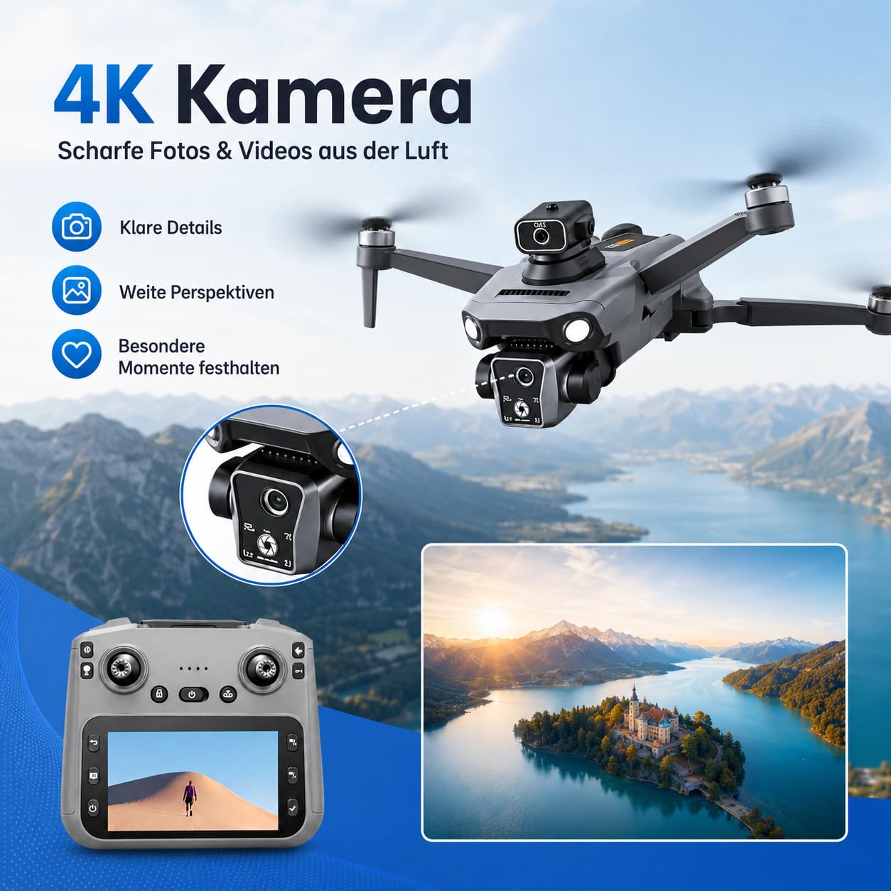 K19 GPS Drohne mit 4K Kamera, Fernbedienung mit Live-Display, 600m Reichweite, 360° Hindernisvermeidung, Follow-Me, Auto-Return, Bürstenlose Motoren, 40 Min Flugzeit