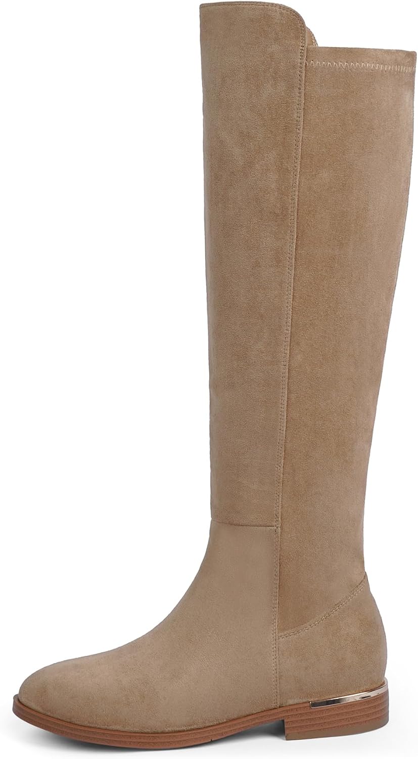 Modatope Knee High Boots Women Flat Rounded Toe Stretchy Boots Side Zipper Dress Tall Boot - Image 4