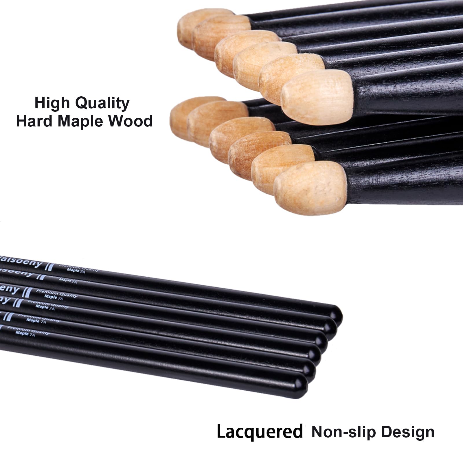 Baquetas tambor, Baquetas bateria 7A lacadas, 6 Pares de baquetas para niños y adultos, Accesorios de percusión profesional para instrumentos musicales (Negro)