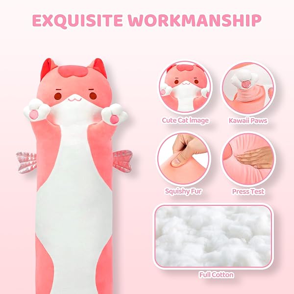 Mewaii Long Cat Plush 5 Sizes, 120% Extra Filling Giant Plushness Kids Body Pillow, Kawaii Cute Pink Cat Stuffed Animals Plushies, Big Long Body Pillow Cat Plush Gift for Girls 20” - 3