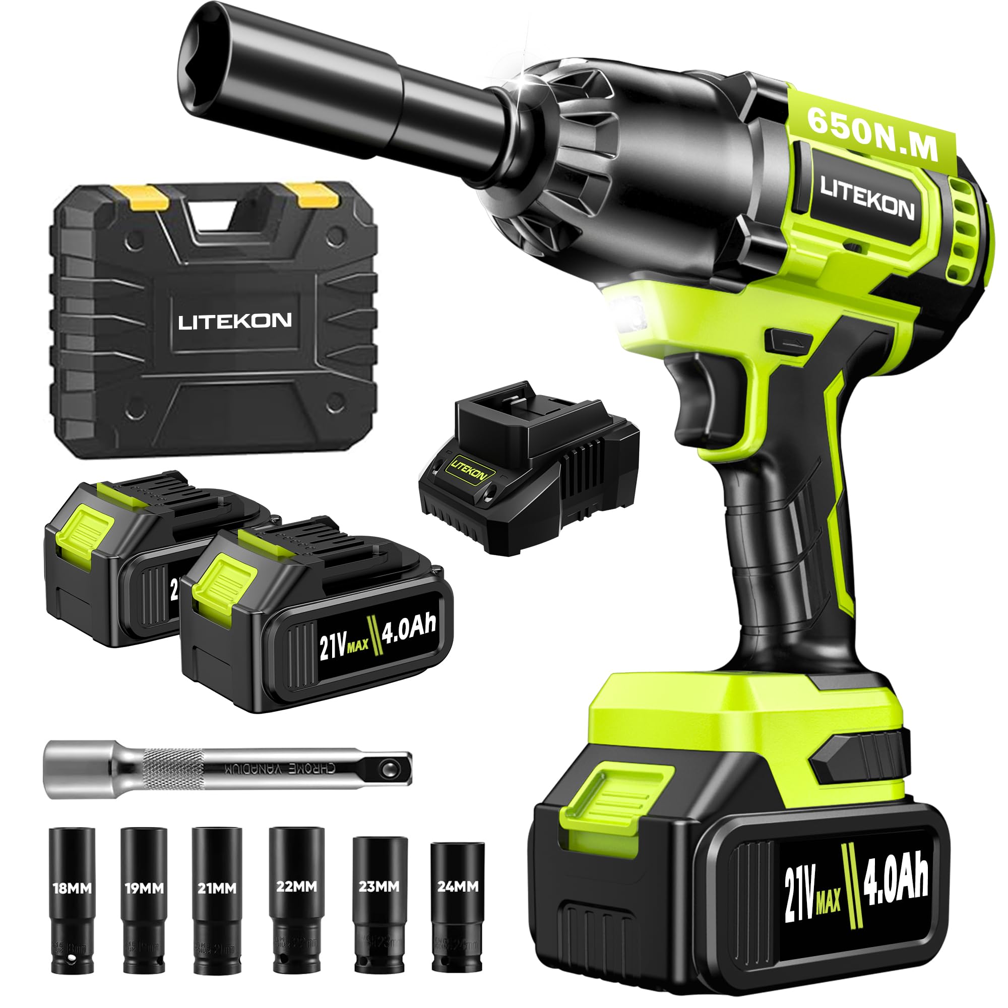 Cordless Impact Wrench 1/2 Inch, 480Ft-lbs (650N.m) Brushless High Power Impact Wrench Tool with 2x4000mAh Battery, 2500RPM High Torque Impact Gun, 7