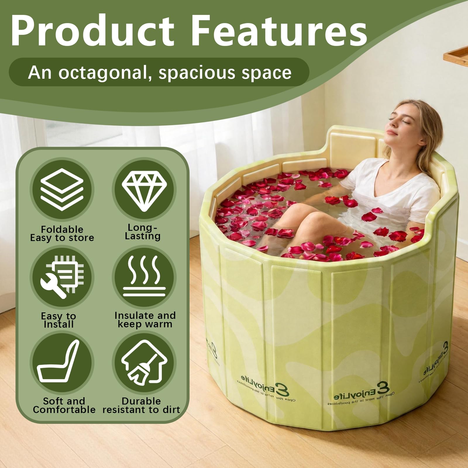 Baignoire Pliable Adulte, 80x70cm (BxH) Baignoire Portable avec Dossier en C Ergonomique Bassin d'Immersion pour Bain de Glace et Bain Chaud pour Douche Extérieur et Spa