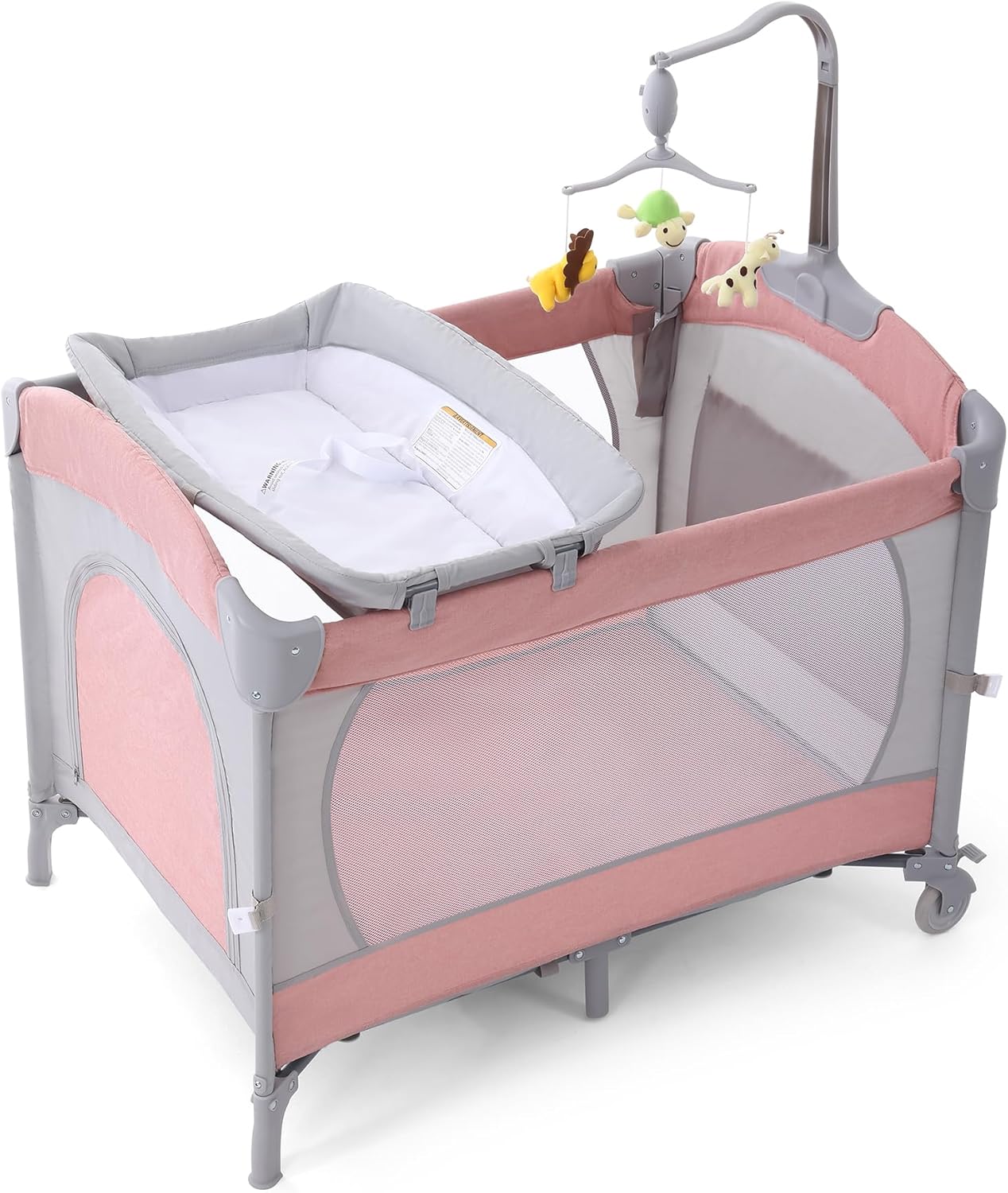 5 in 1 Baby Crib, Bassinet Beside Sleeper, Pack and Play with Bassinet and Changing Table Portable Travel Baby Playpen with Toys & Music Box, Mattress for Girl Boy Infant Newborn (Pink) - Image 1 of 7