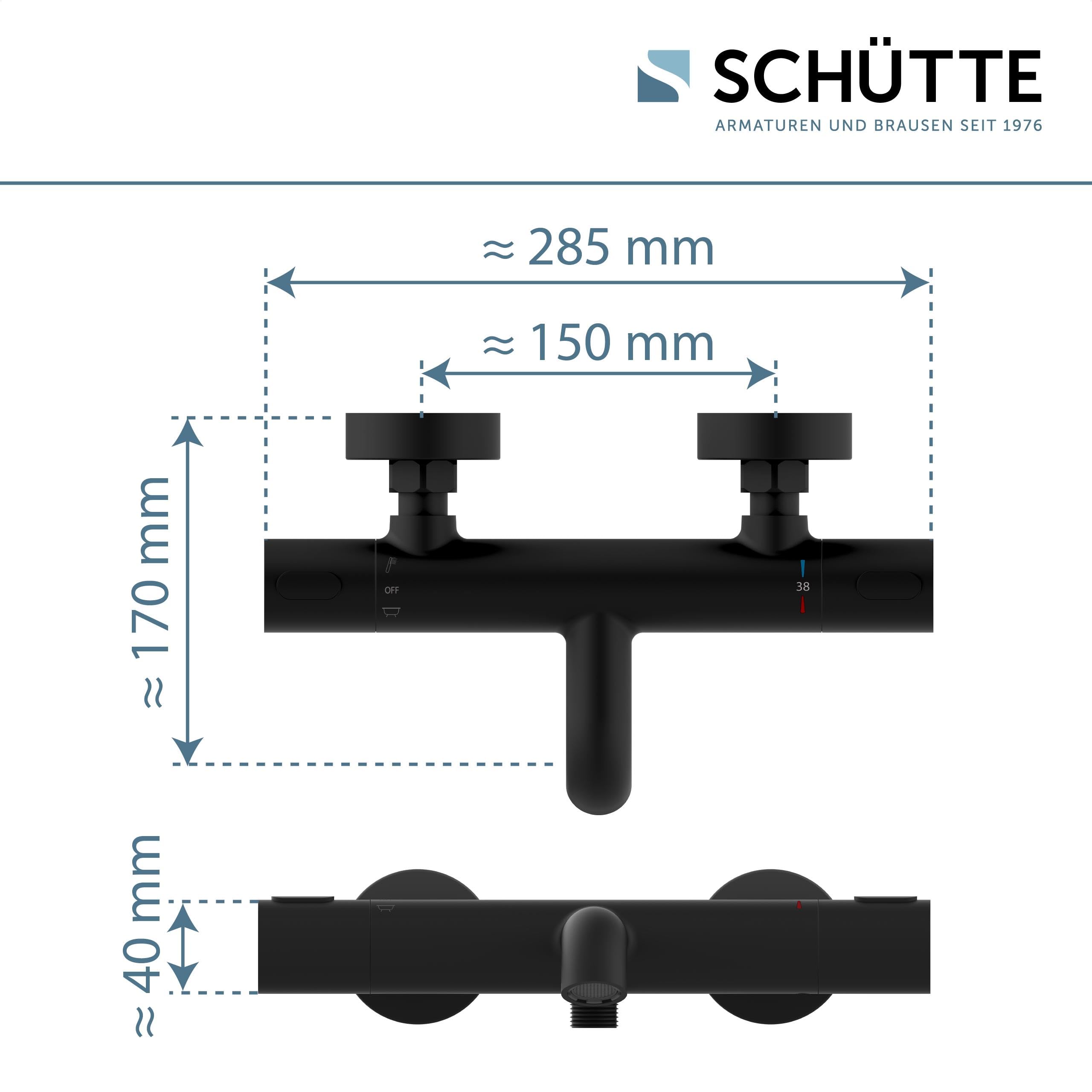 Schütte 33196 Badewannenarmatur Los Angeles mit Thermostat, Wannenarmatur Wannenthermostat mit Verbrühschutz bei 38℃, Mischbatterie Wasserhahn Armatur für Badewanne, Schwarz