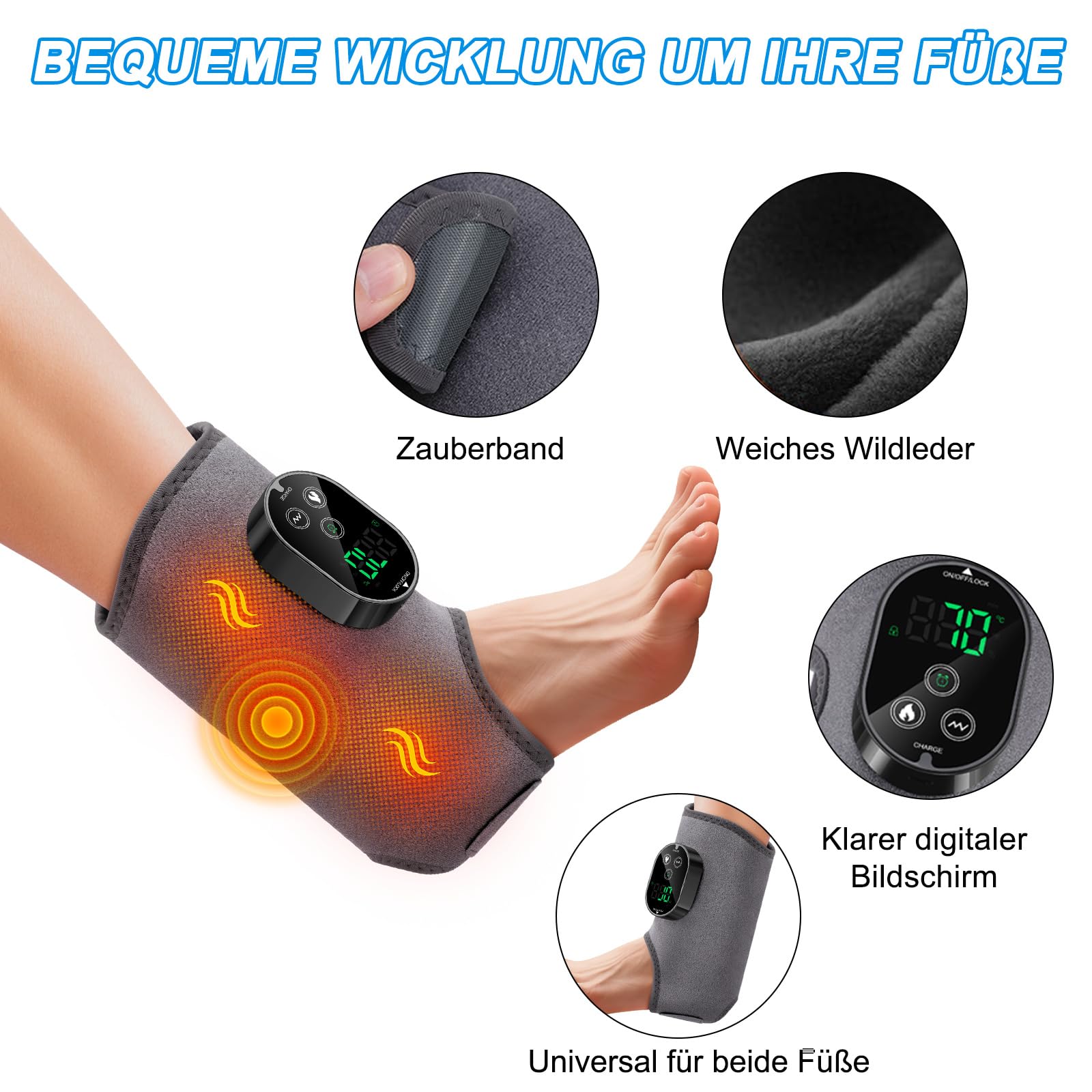 Fussmassagegerät, Fußmassagegerät mit Wärme und Massage, Kabellos Wiederaufladbar mit Kompression, Einstellbare Intensität zur Linderung Fußermüdung, Schwellung Achillessehnen-Beschwerden,Cordless