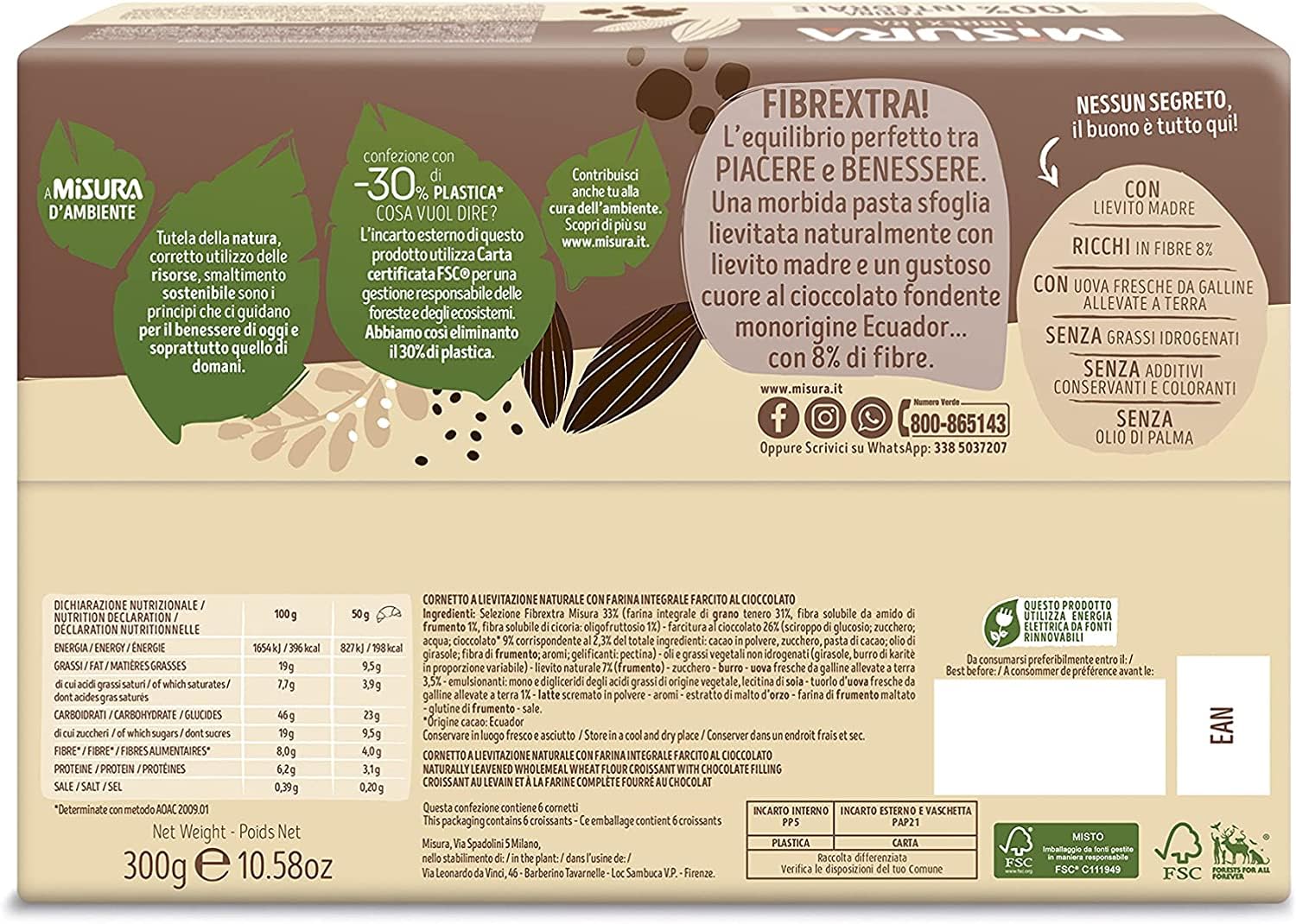 12 croissants de chocolate Misura Cornetti Fibrextra Cioccolato, 100% harina integral de 300 g + Polpa italiana Gourmet 400 g