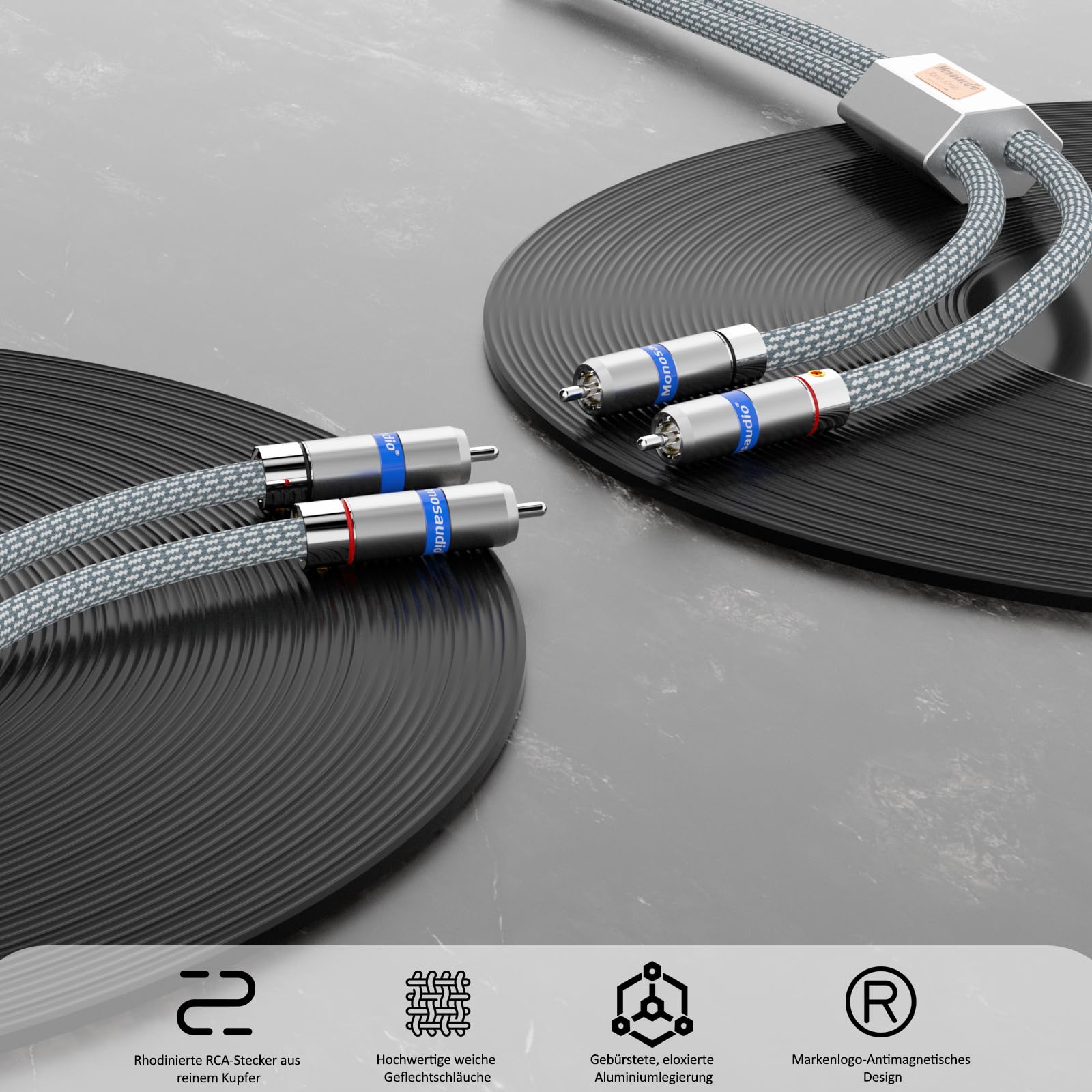 Monosaudio Cavo RCA Hi-End 1,5 m A202R6R – placcato in rodio RCA 4N OFC rame senza ossido, doppia schermatura, cavo audio stereo per lettore CD/amplificatore/giradischi/altoparlanti