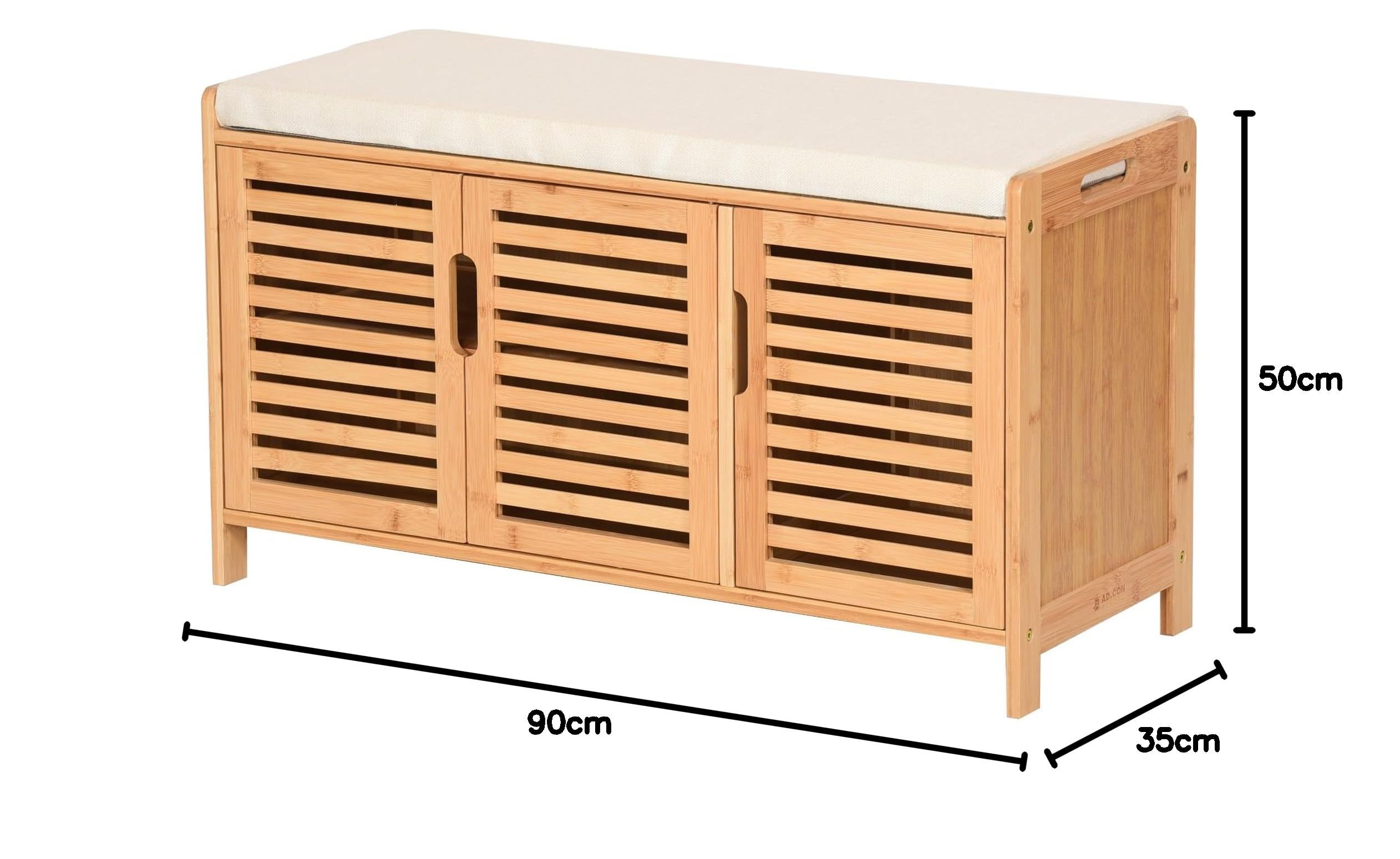 Meuble à chaussures en bambou avec banc d'assise, étagère à chaussures avec 3 compartiments, coussin, meuble à chaussures, pour entrée, 50 x 90 x 35 cm (Beige)