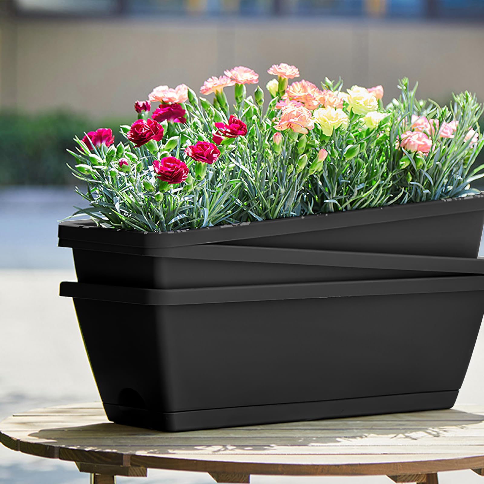 Lot de 12 jardinières rectangulaires avec trous de drainage et plateaux pour rebord de fenêtre, jardin, balcon - Noir
