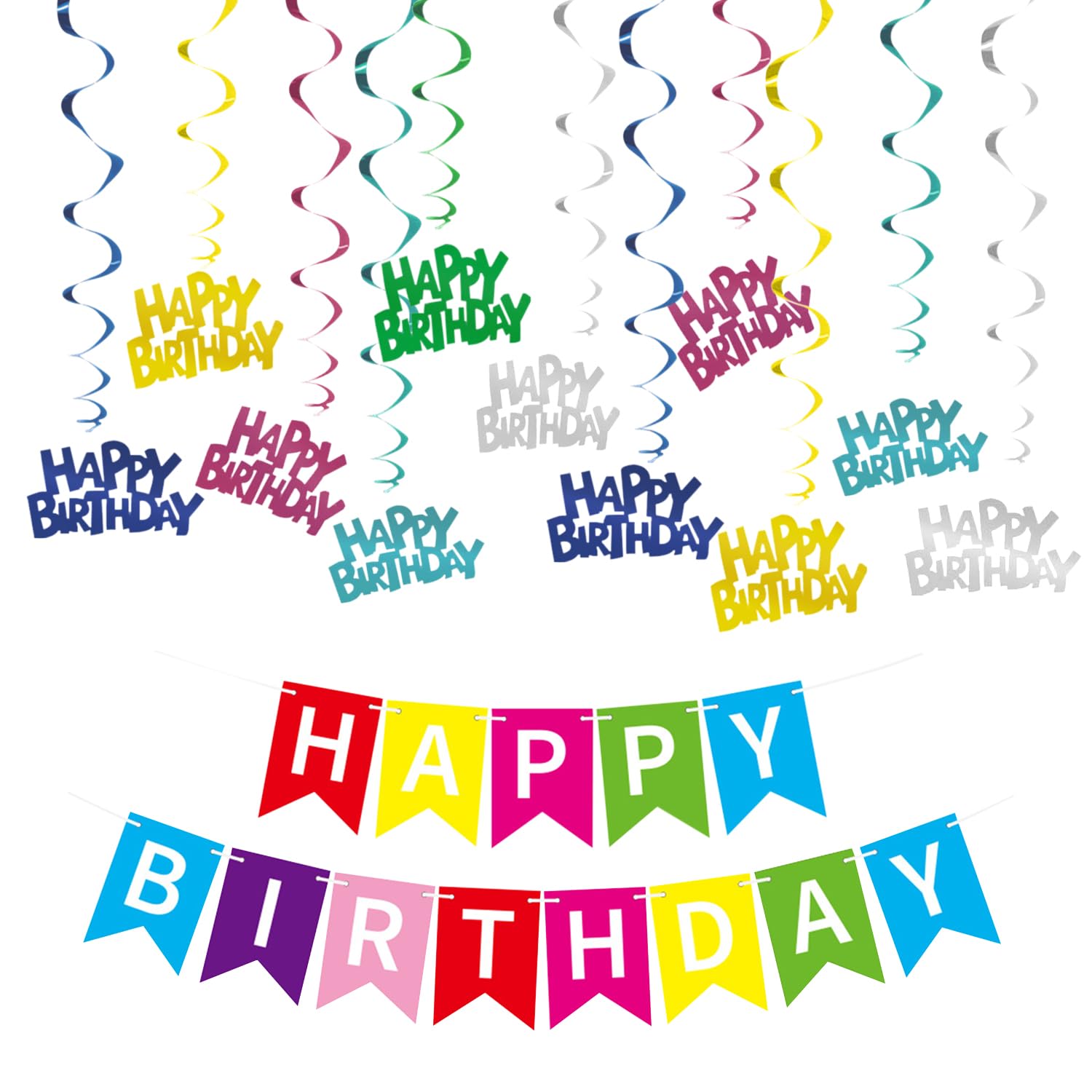 Nidhfg Multiple Colors 12 Pieces Of Spiral Ornaments And 1 Piece Of Birthday Banner, Party Scene Arrangement, Shiny Ornaments, Creative Ornaments.