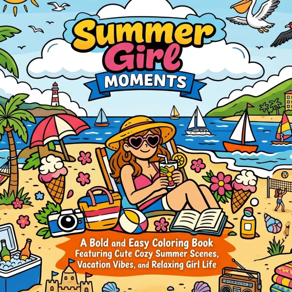 Summer Girl Moments: A Bold and Easy Coloring Book Featuring Cute and Cozy Summer Scenes, Vacation Vibes, and Relaxing Girl Life