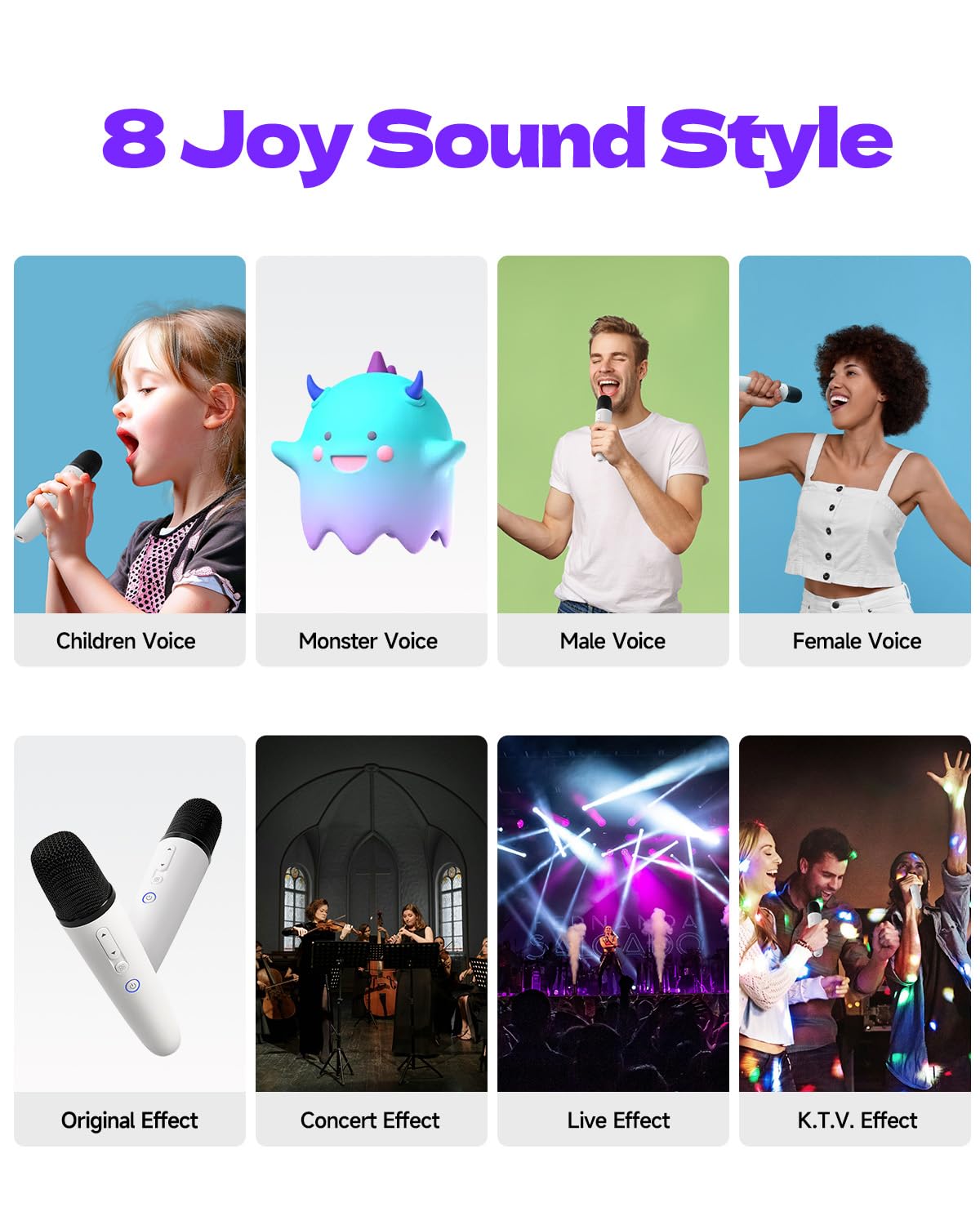 Micrófonos inalámbricos Bluetooth con 8 efectos Joy Tune, micrófono recargable de mano con receptor de entrada AUX de 3.5 mm, micrófono de karaoke de coche con bolsa de almacenamiento portátil para